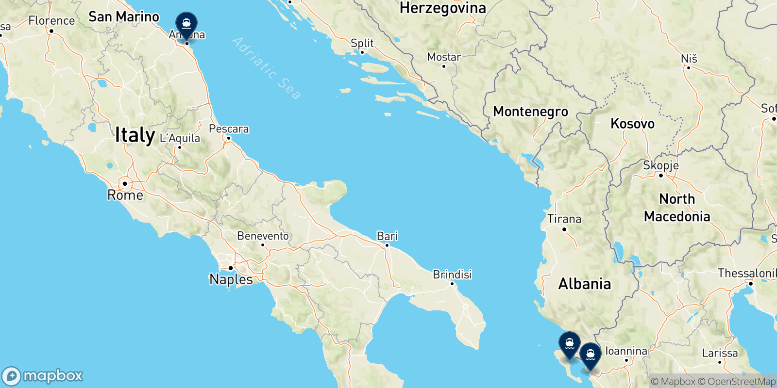 Mapa de los destinos Minoan Grimaldi Euromed