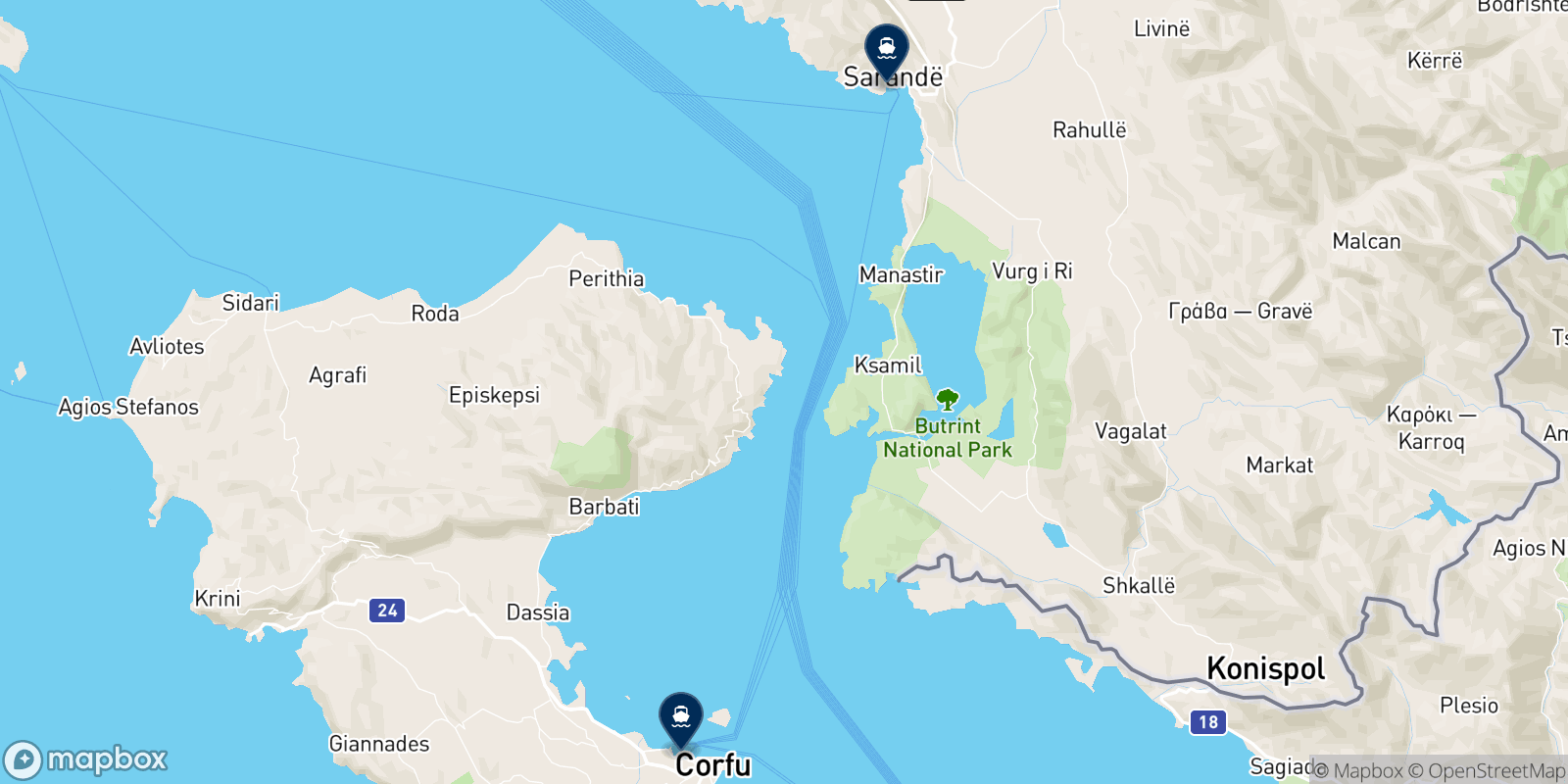 Mapa de los destinos Ionian Seaways