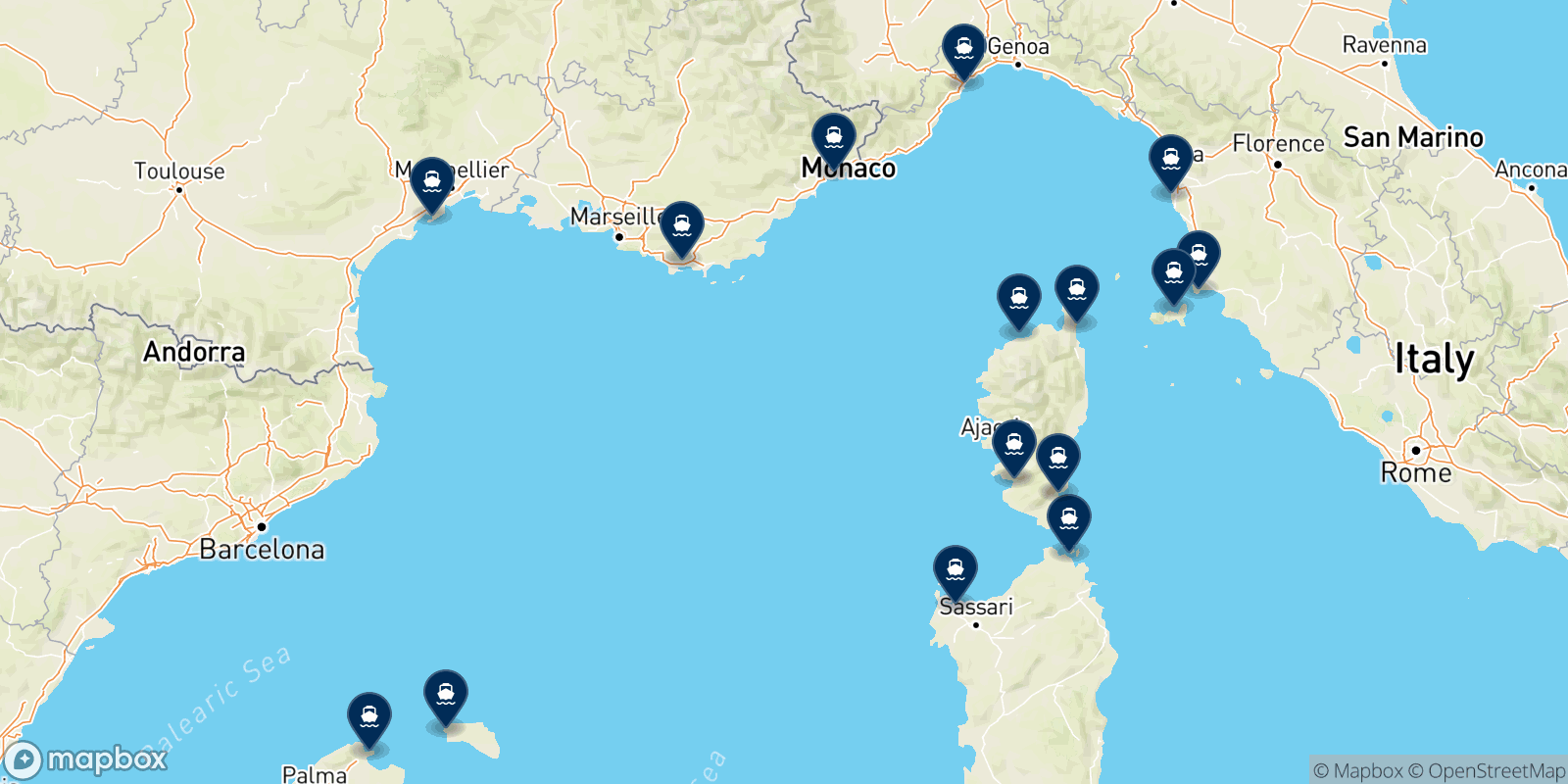 Mapa de los destinos Corsica Sardinia Ferries