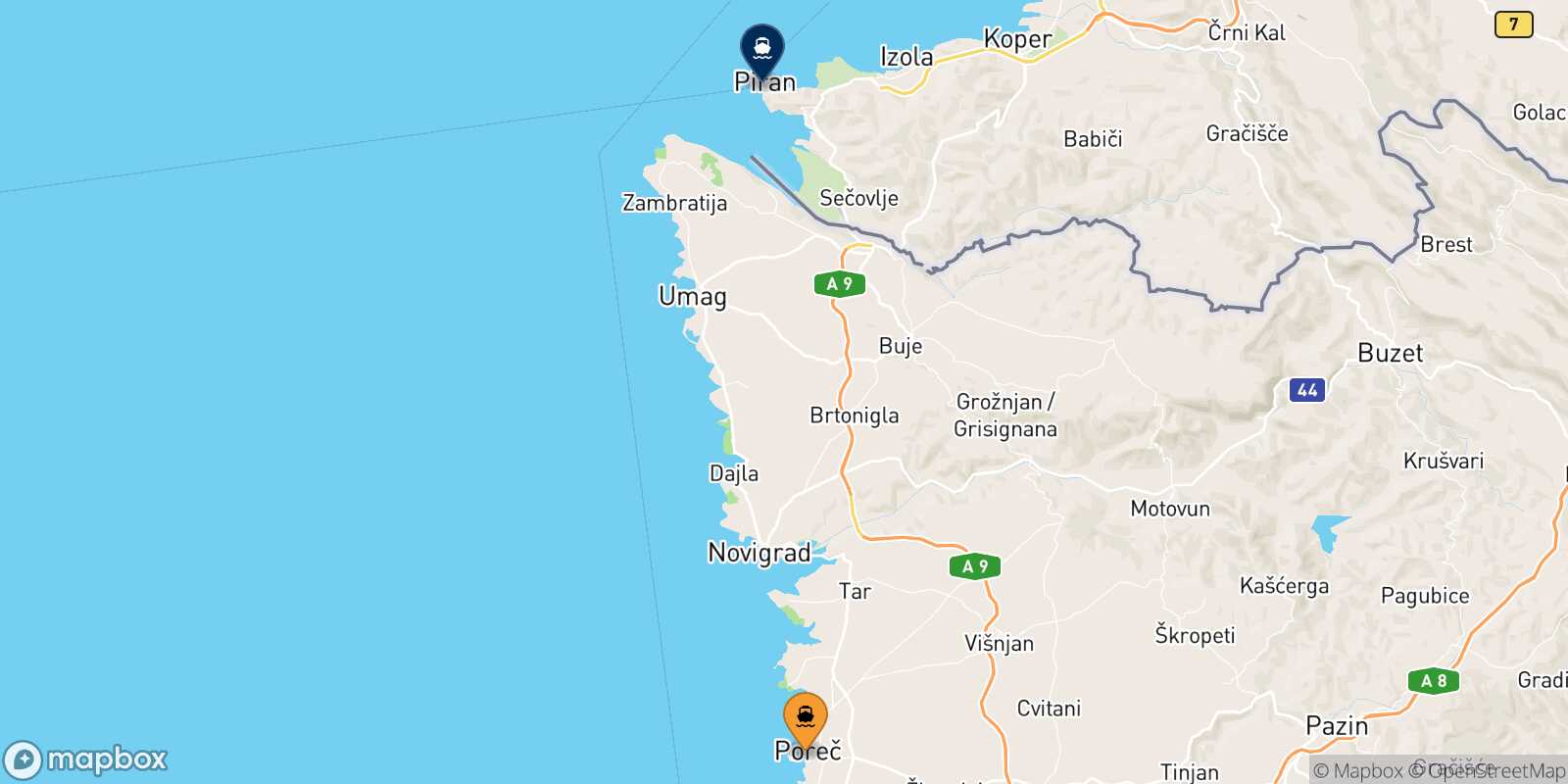 Mapa de los destinos alcanzables de Porec