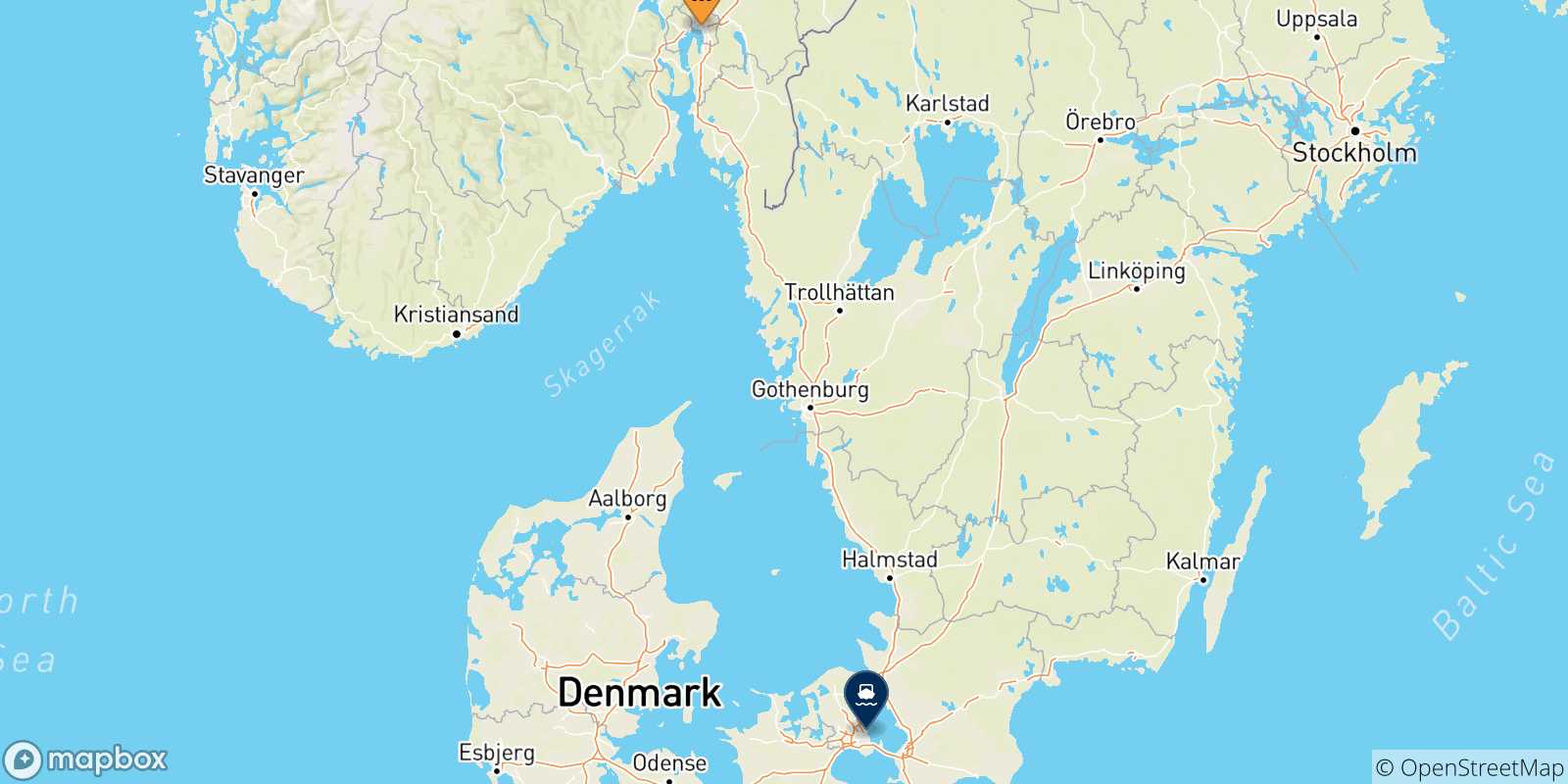 Mapa de las posibles rutas entre Noruega y  Copenhague