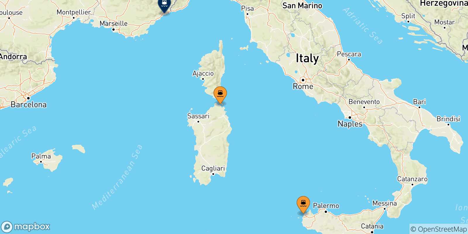 Mapa de las posibles rutas entre Italia y  Niza