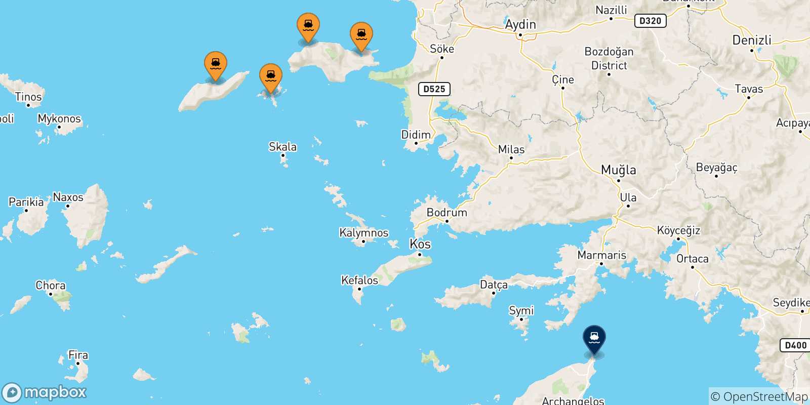 Mapa de las posibles rutas entre Islas Del Egeo y  Rodas