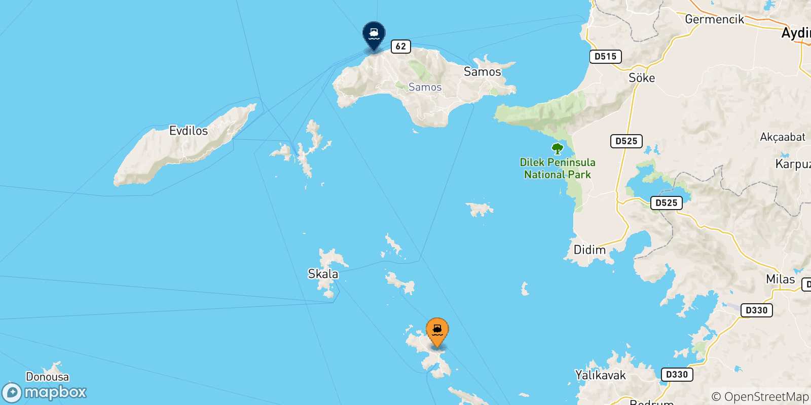 Mapa de las posibles rutas entre Agia Marina (Leros) y  Islas Del Egeo