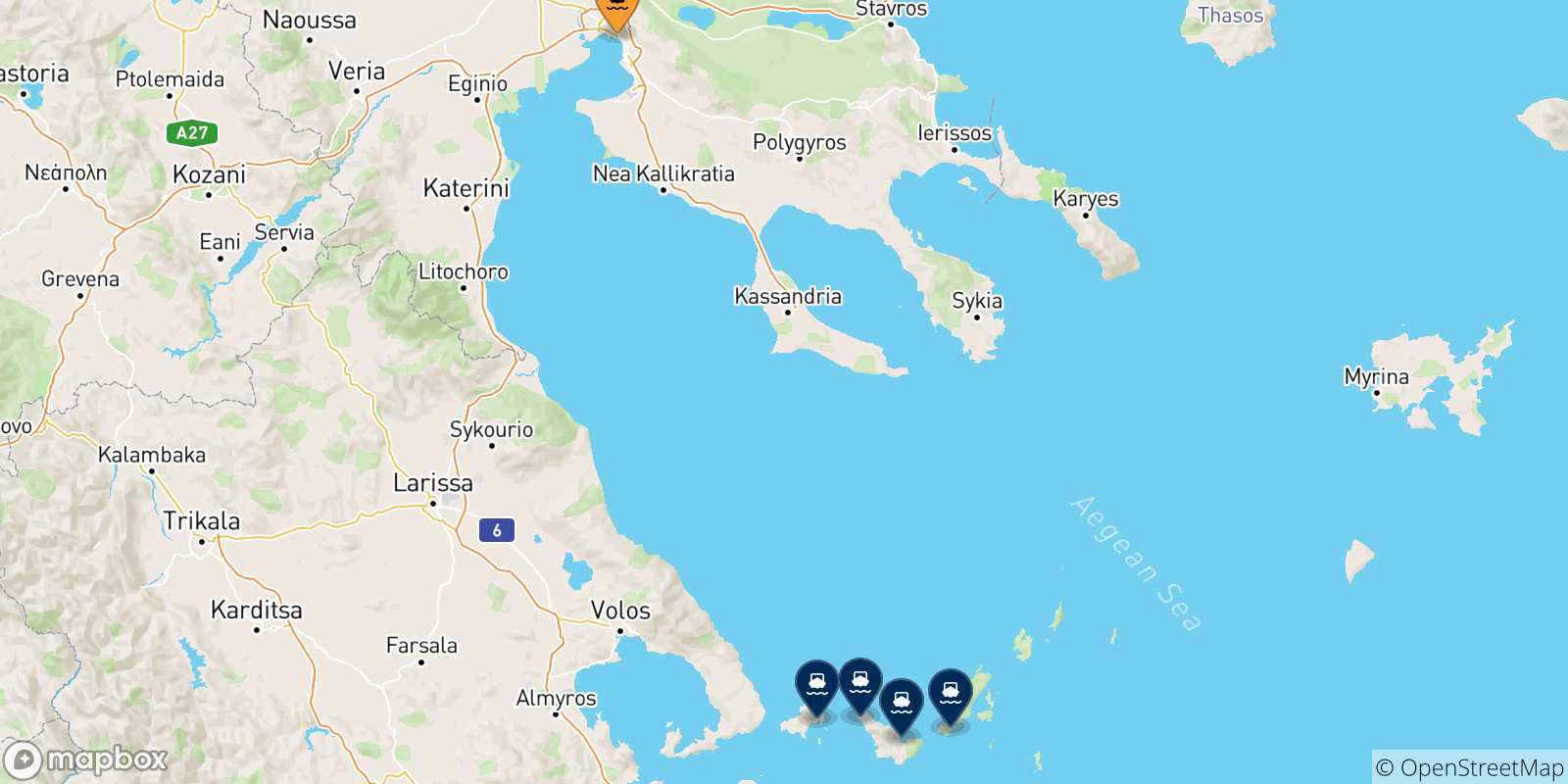 Mapa de las posibles rutas entre Salónica y  Islas Espóradas