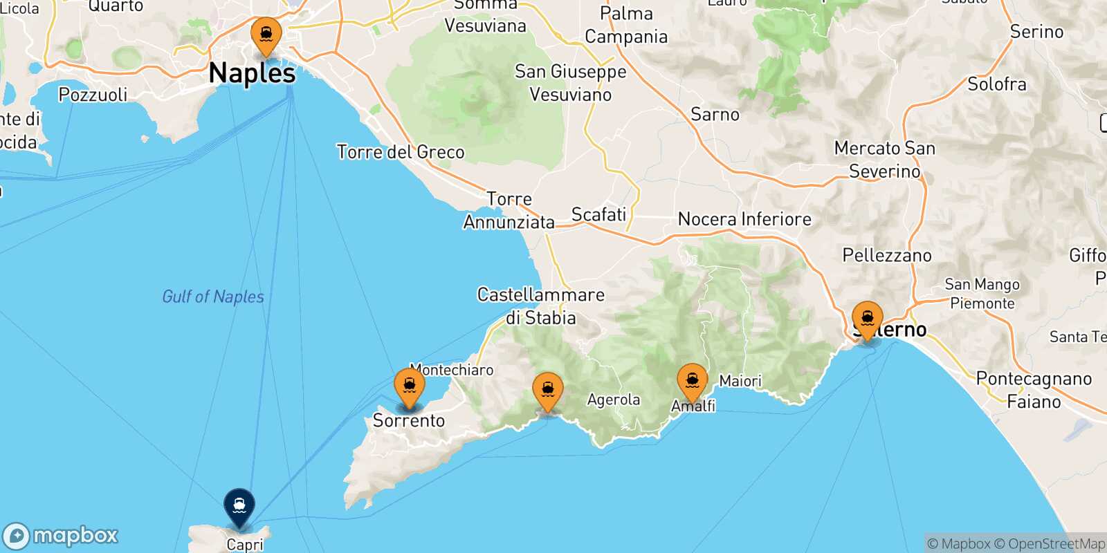 Mapa de los puertos conectados con  Capri