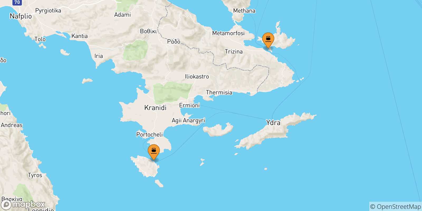 Mapa de las posibles rutas entre Islas Sarónicas y  Hydra