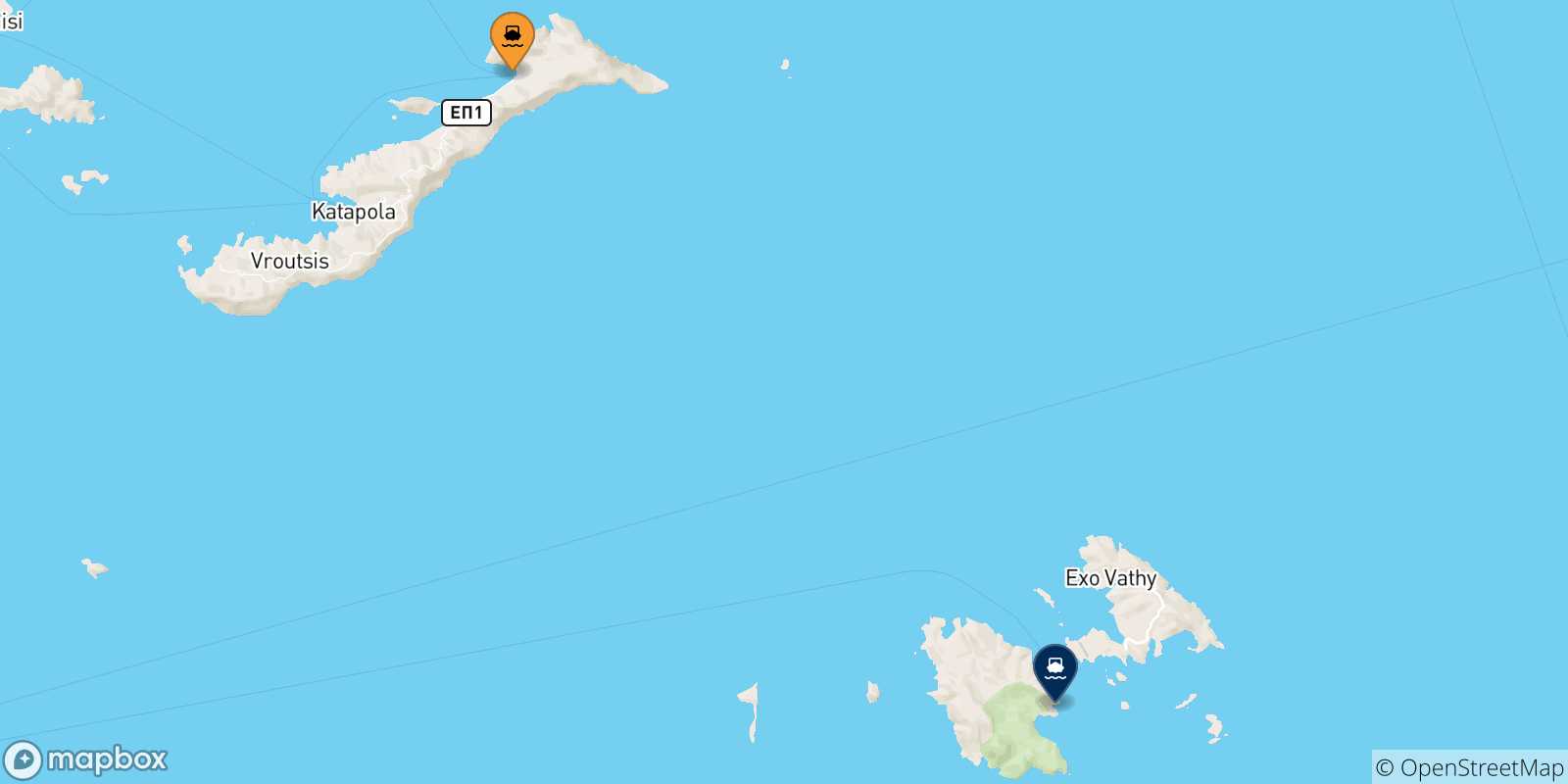 Mapa de las posibles rutas entre Aegiali (Amorgos) y  Dodecaneso