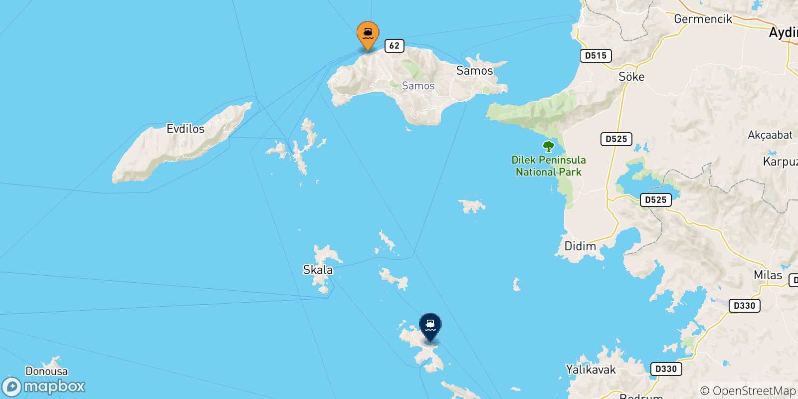 Mapa de las posibles rutas entre Islas Del Egeo y  Agia Marina (Leros)