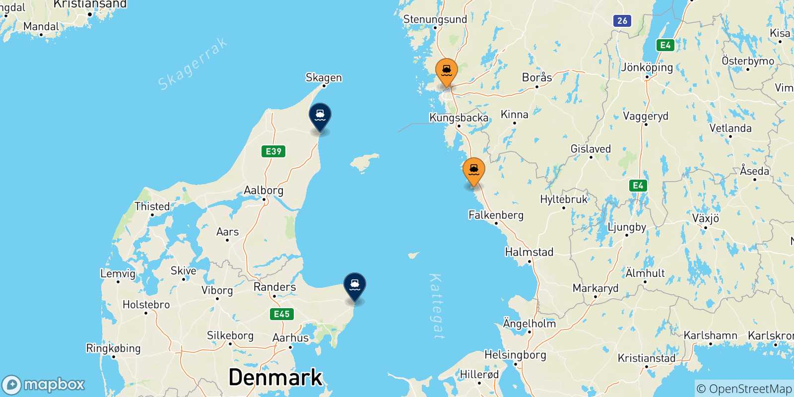 Mapa de las posibles rutas entre Suecia y  Dinamarca