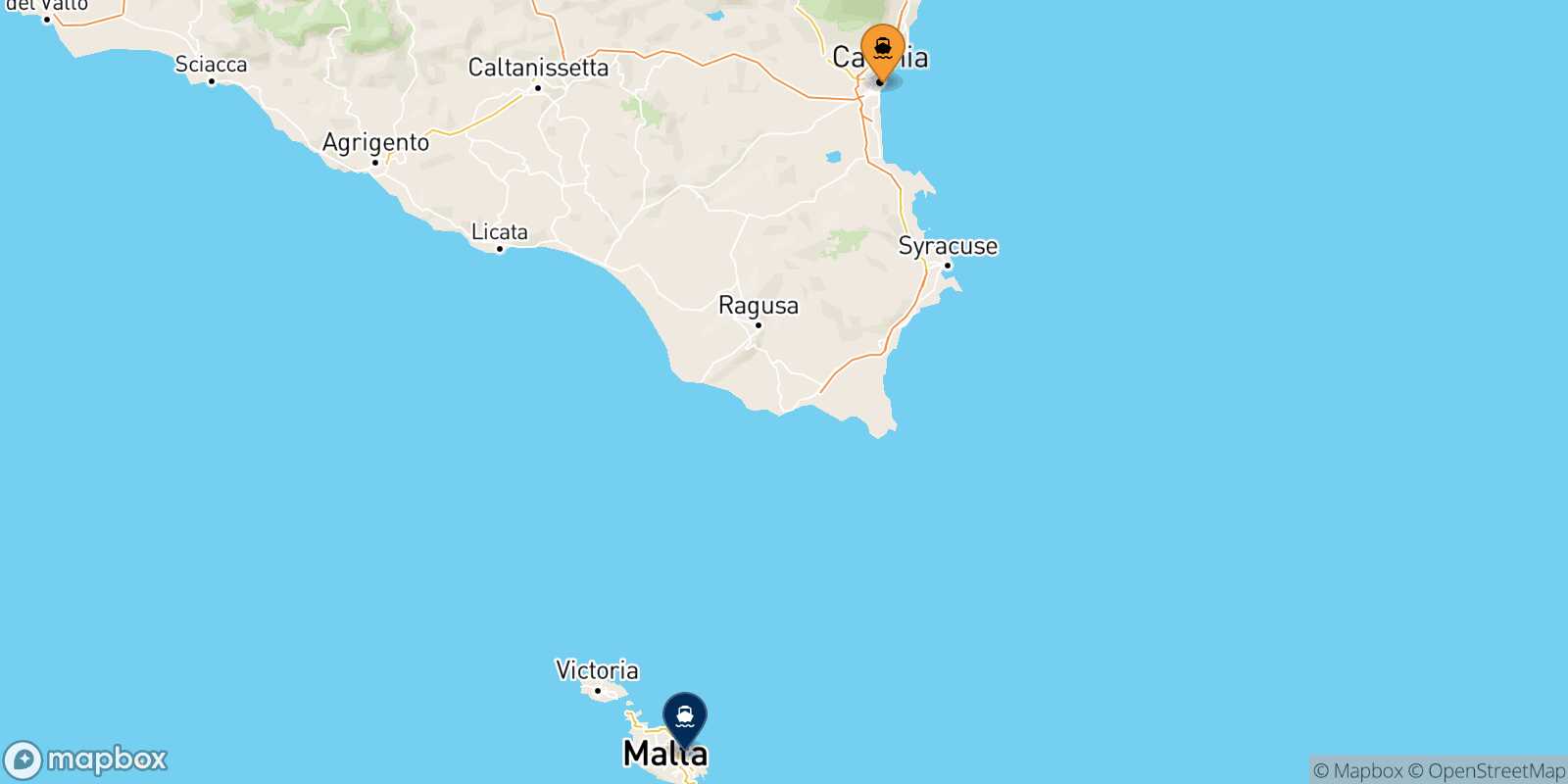 Mapa de los destinos alcanzables de Catania