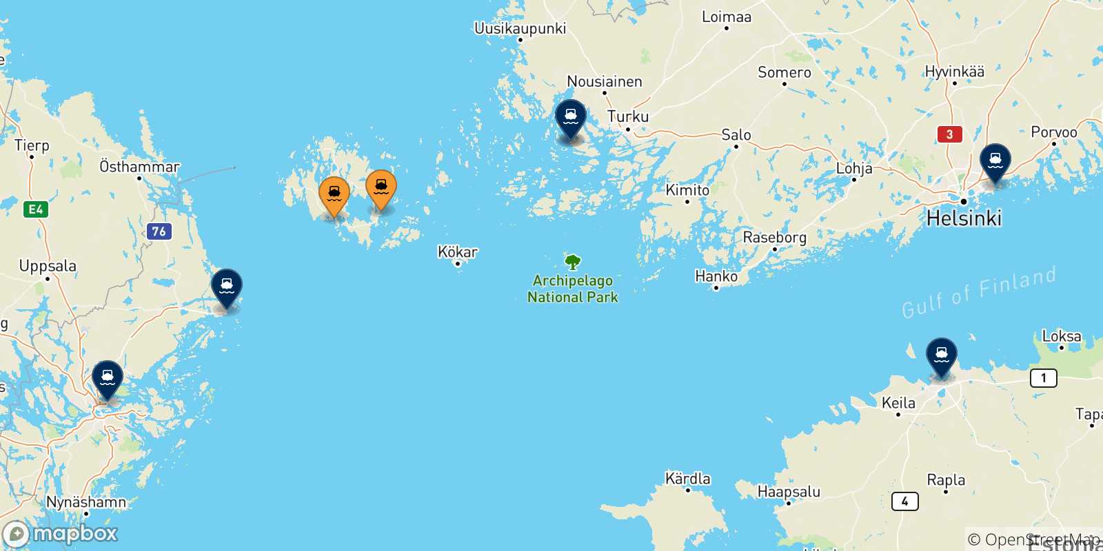 Mapa de los destinos alcanzables de Islas Aland