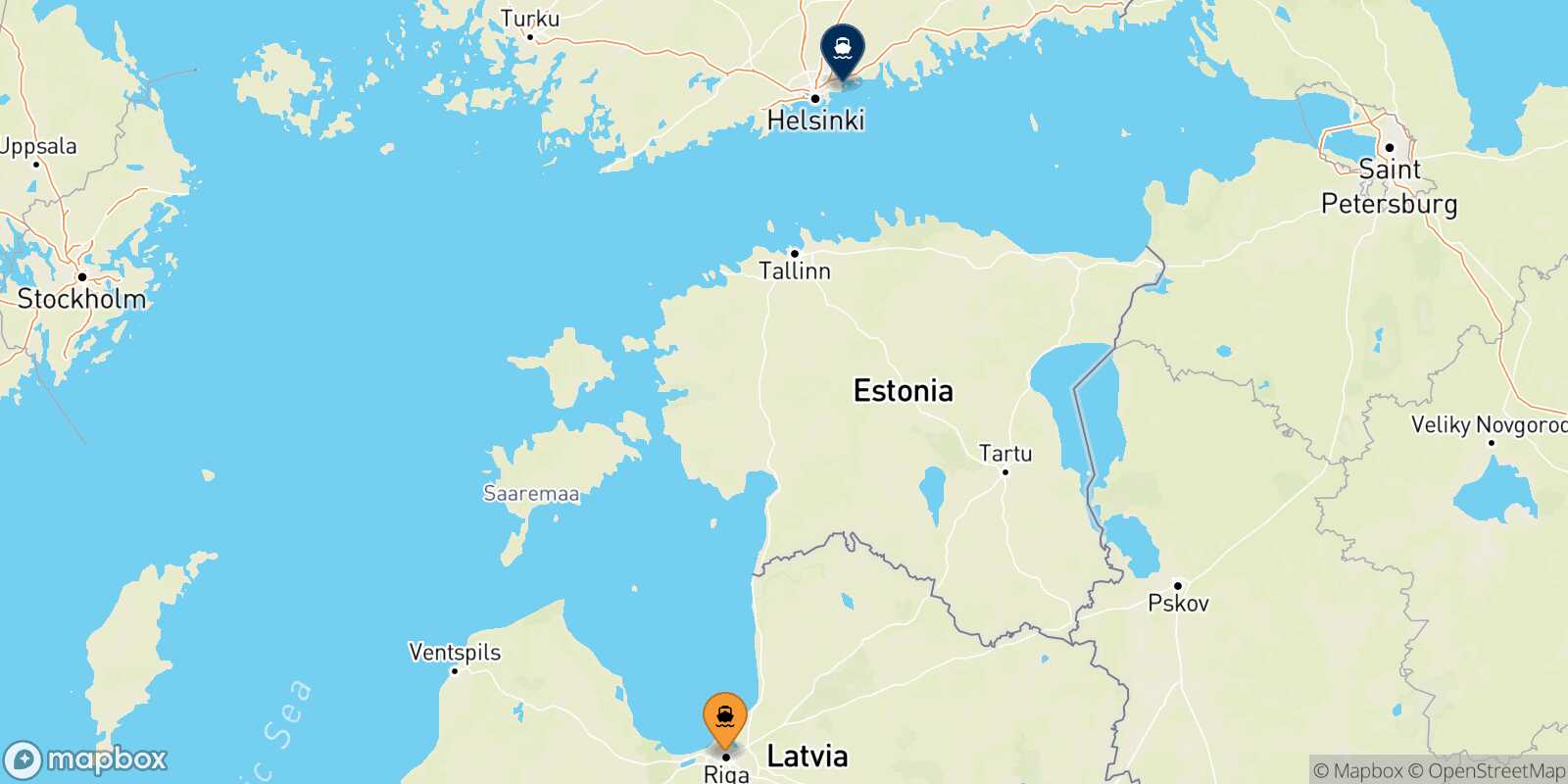 Mapa de la ruta Riga Helsinki