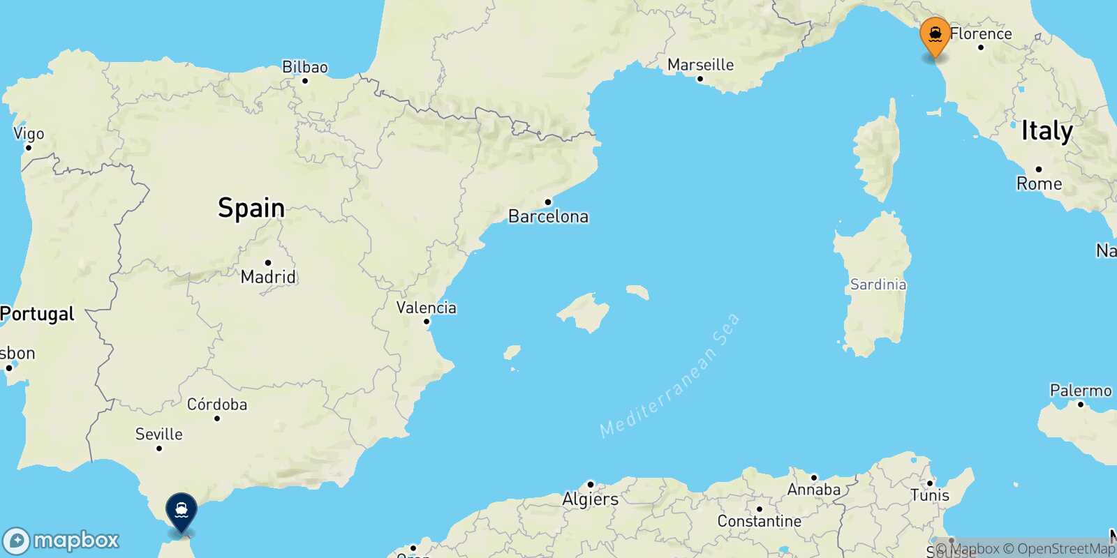 Mapa de la ruta Livorno Tánger Med