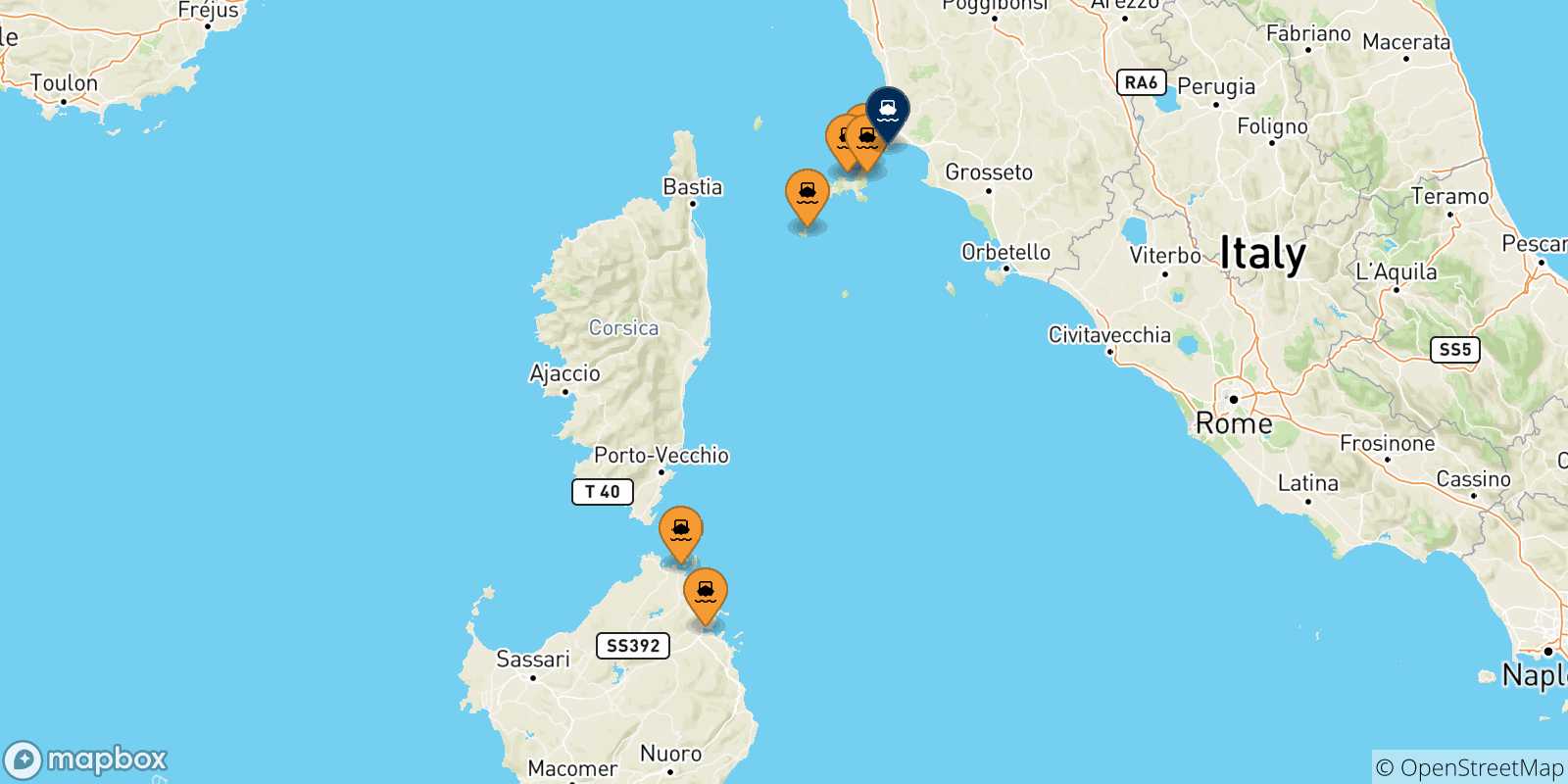 Mapa de las posibles rutas entre Italia y  Piombino