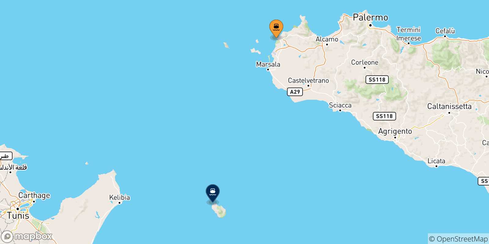 Mapa de las posibles rutas entre Italia y  Isla De Pantelaria