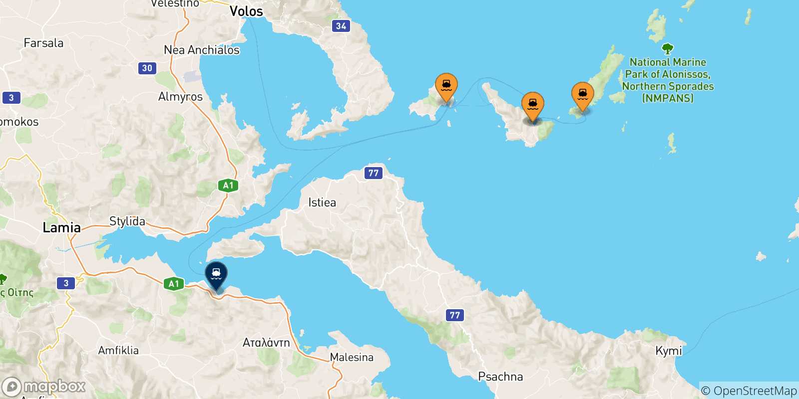 Mapa de las posibles rutas entre Islas Espóradas y  Agios Konstantinos