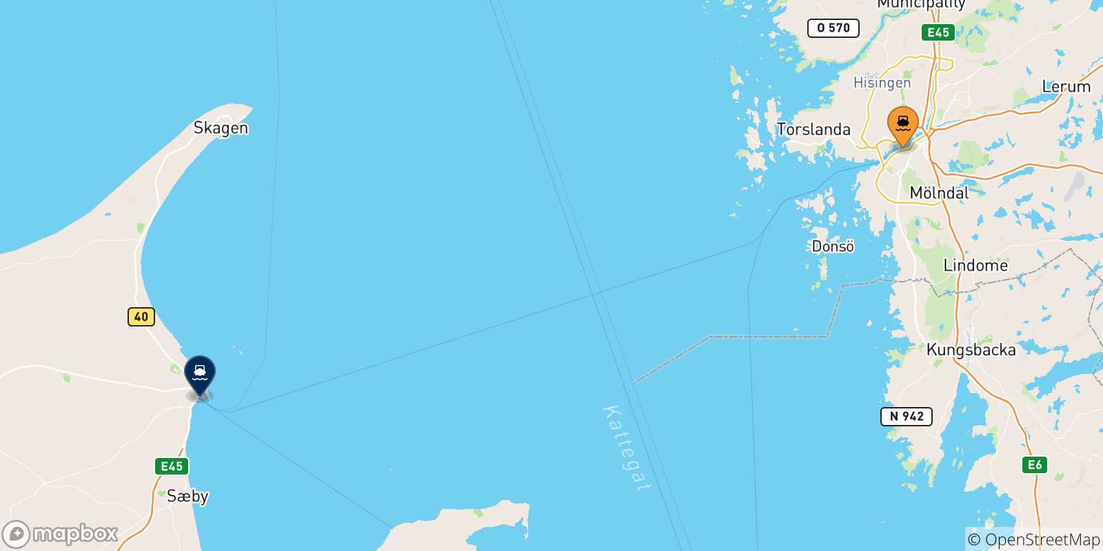 Mapa de las posibles rutas entre Suecia y  Frederikshavn