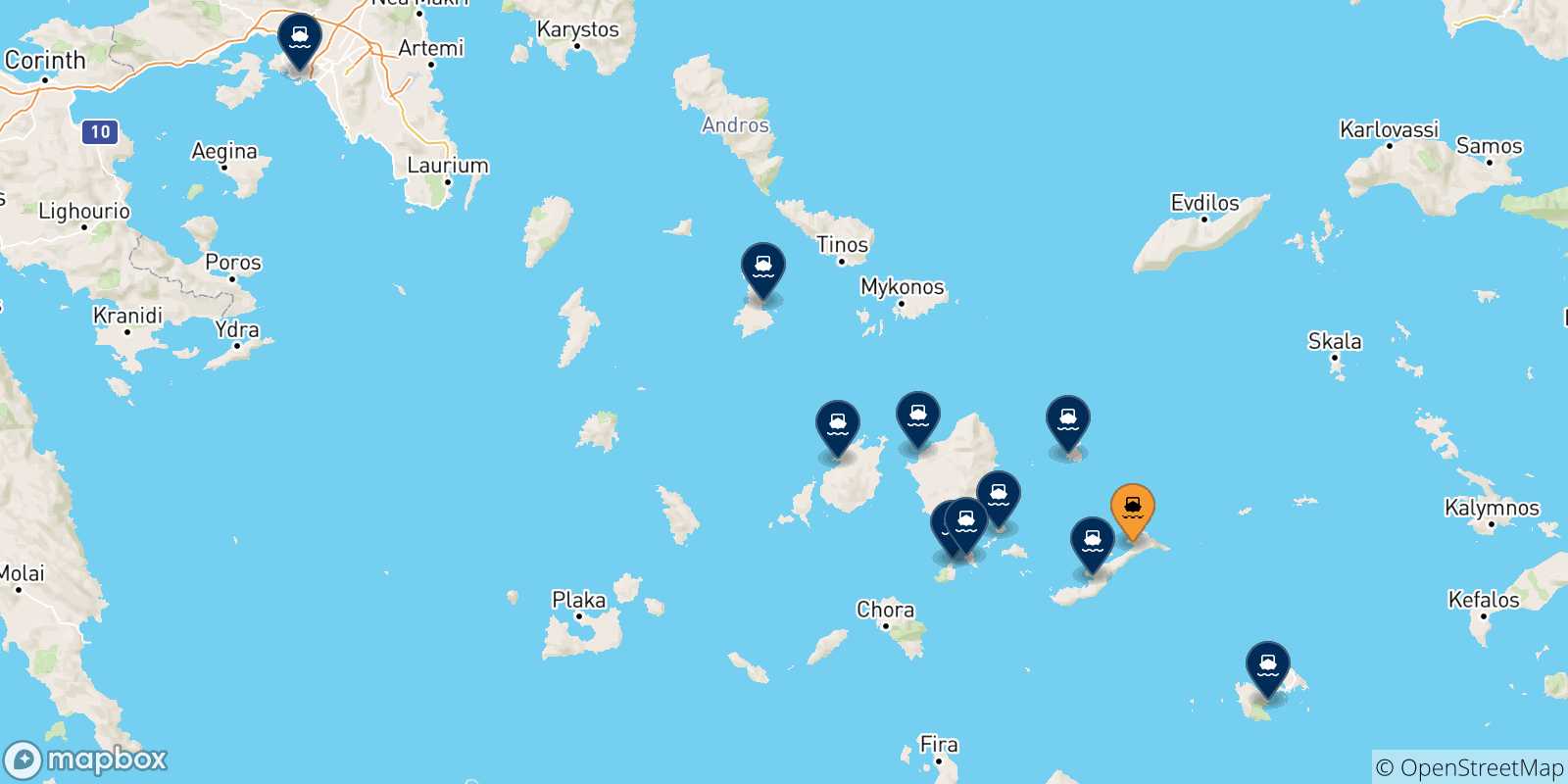 Mapa de las posibles rutas entre Aegiali (Amorgos) y  Grecia