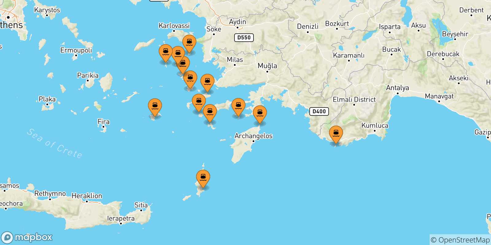 Mapa de las posibles rutas entre Dodecaneso y  Symi