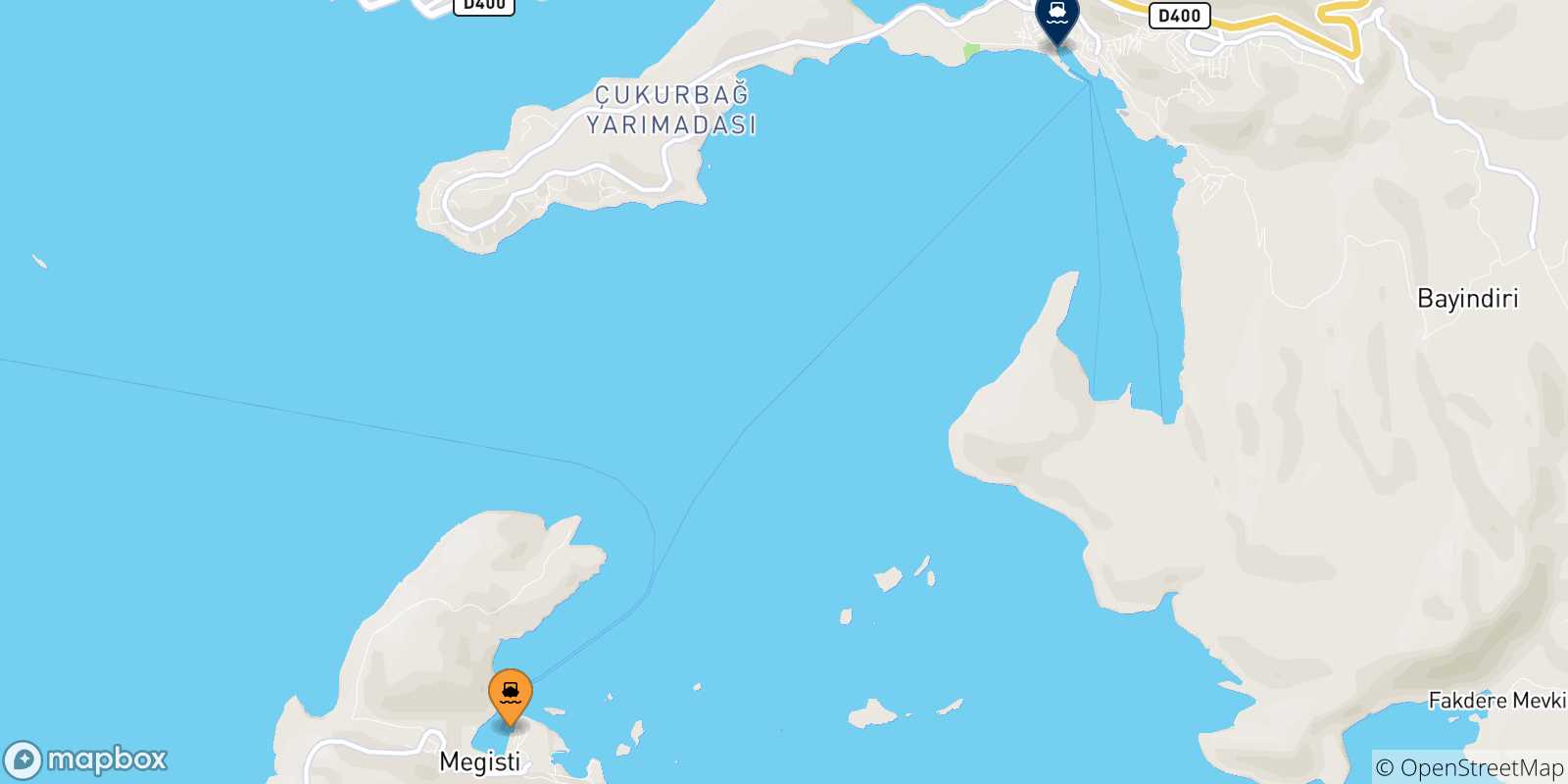 Mapa de las posibles rutas entre Grecia y  Kas