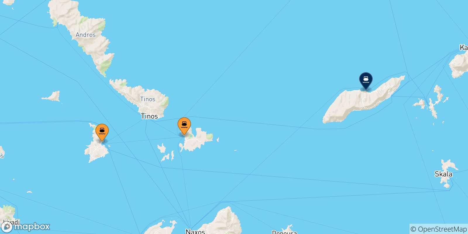 Mapa de las posibles rutas entre Las Cicladas y  Agios Kirikos (Ikaria)