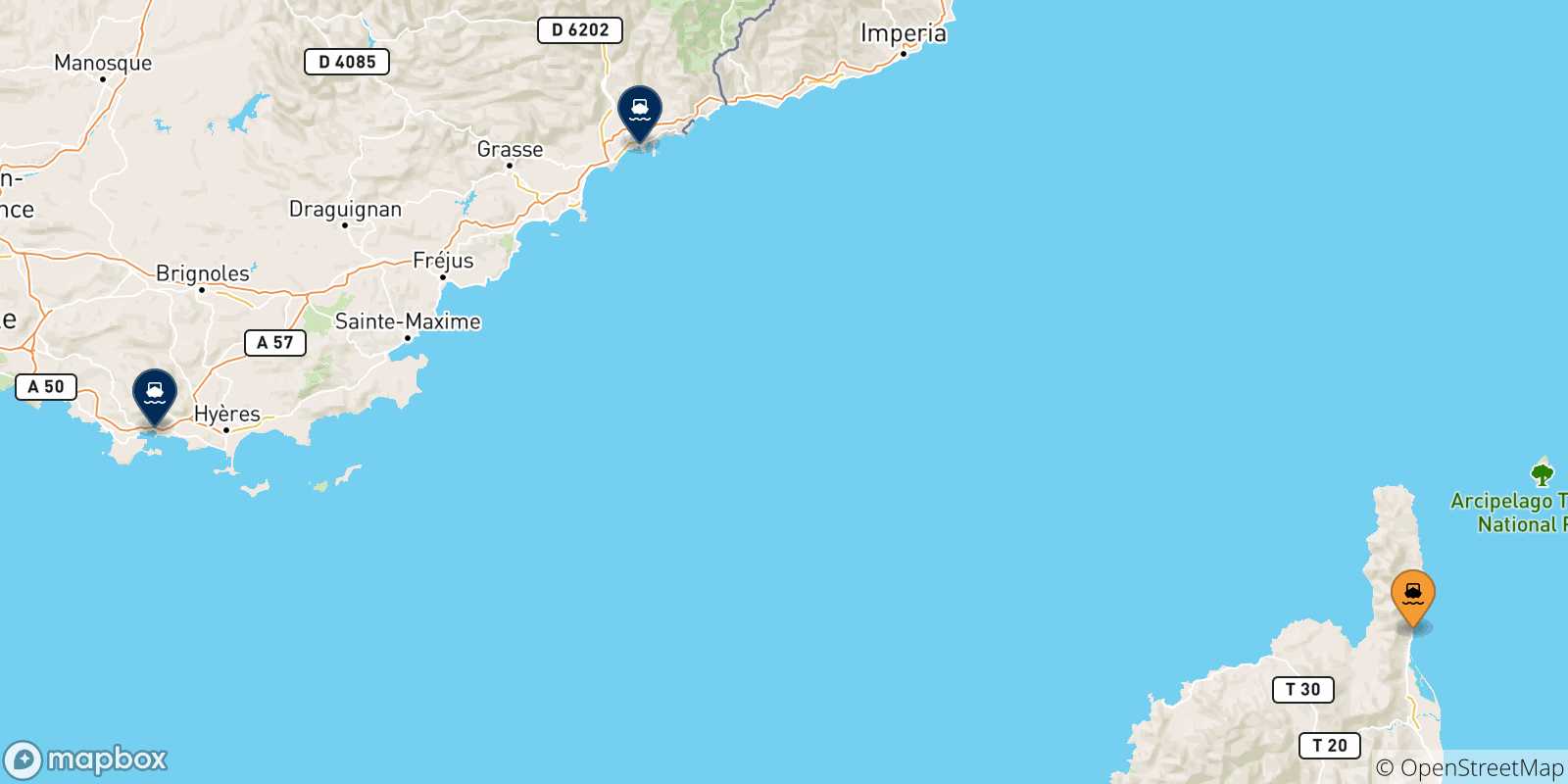 Mapa de las posibles rutas entre Bastia y  Francia