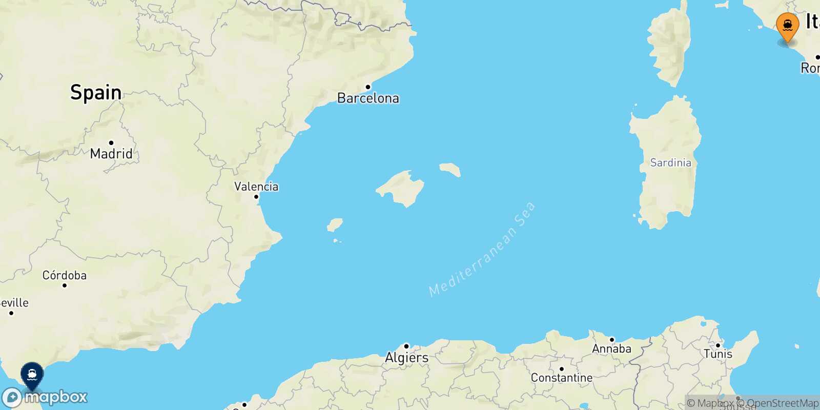 Mapa de la ruta Civitavecchia Tánger Med