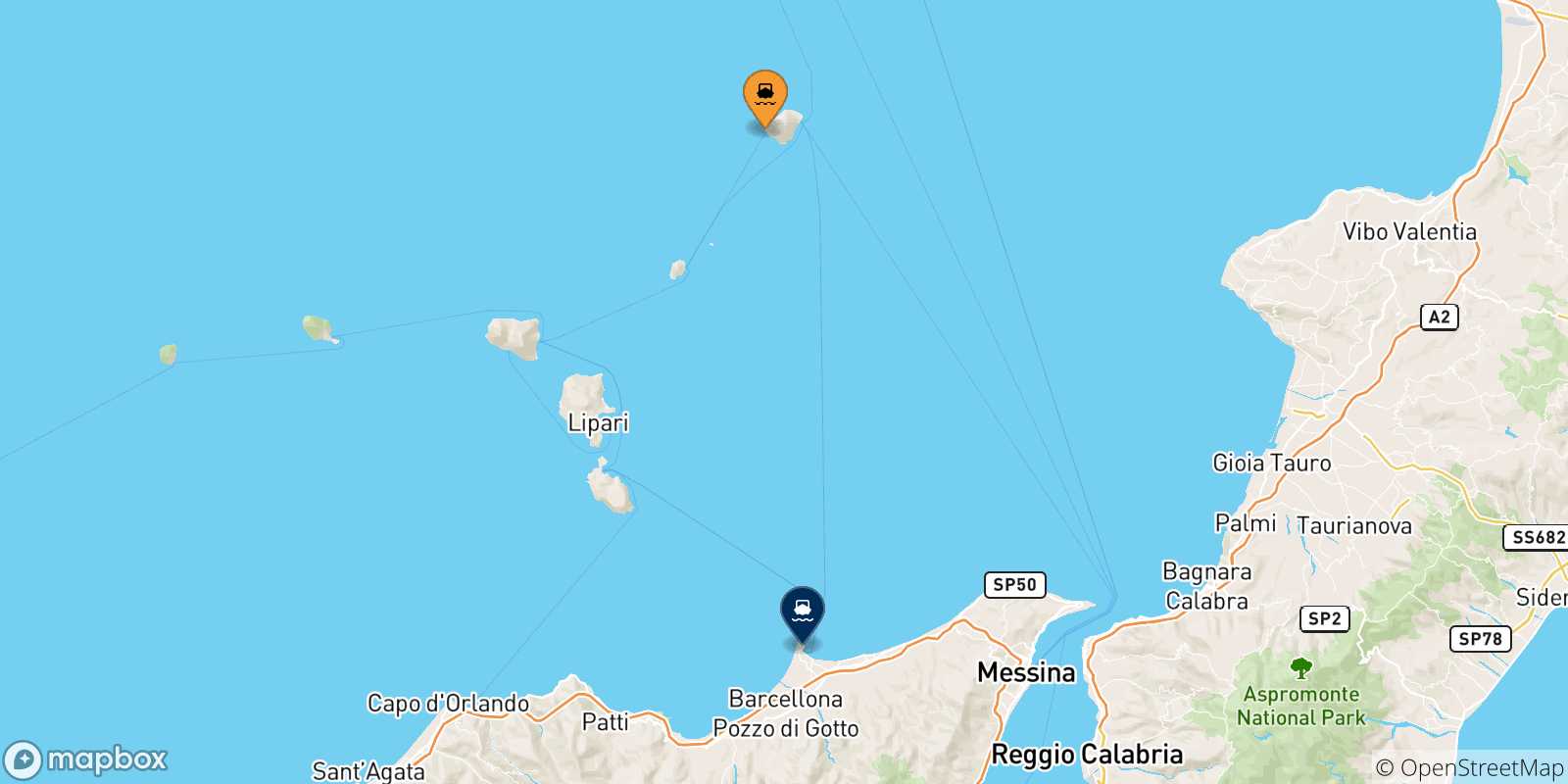 Mapa de las posibles rutas entre Ginostra (Stromboli) y  Sicilia