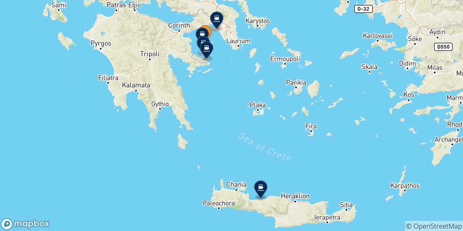 Mapa de las posibles rutas entre Aegina y  Grecia