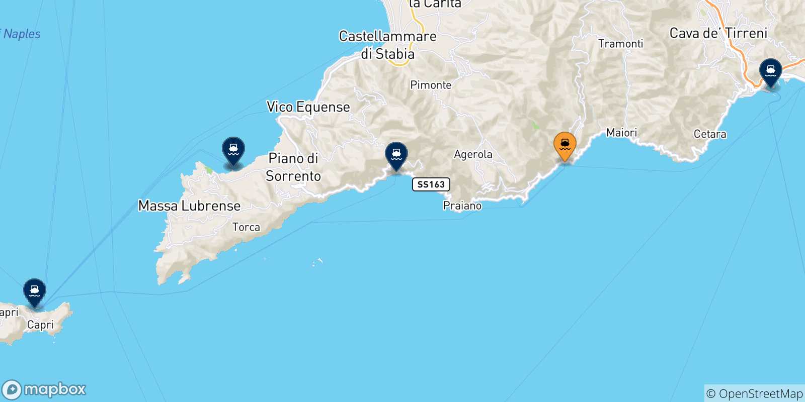 Mapa de las posibles rutas entre Amalfi y  Italia