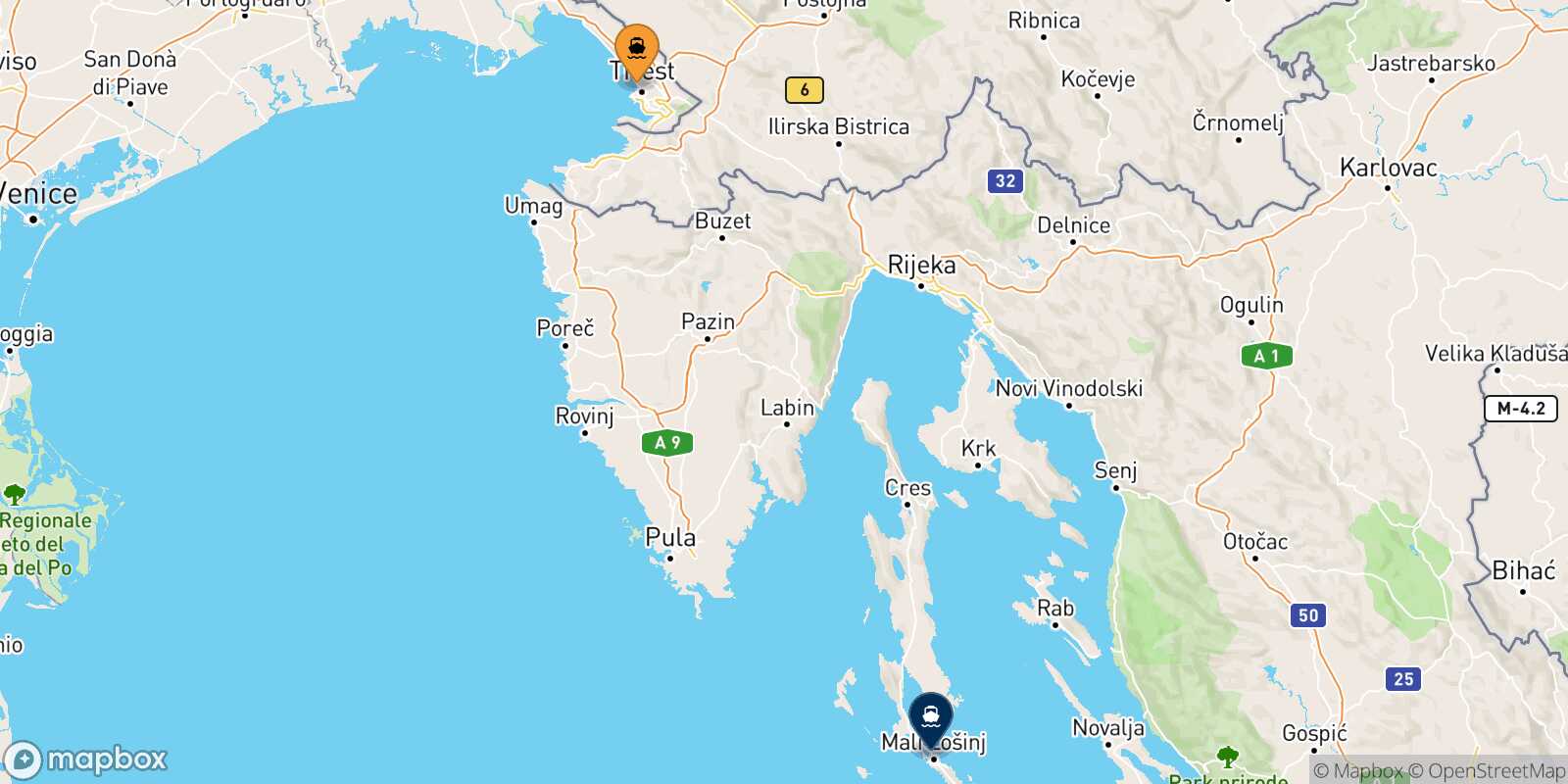 Mapa de la ruta Trieste Mali Losinj