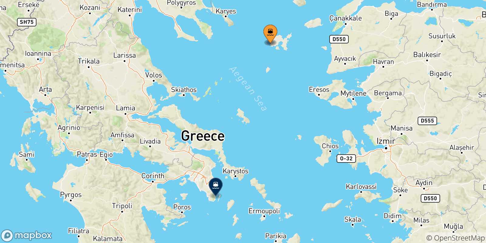 Mapa de las posibles rutas entre Islas Del Egeo y  Lavrio