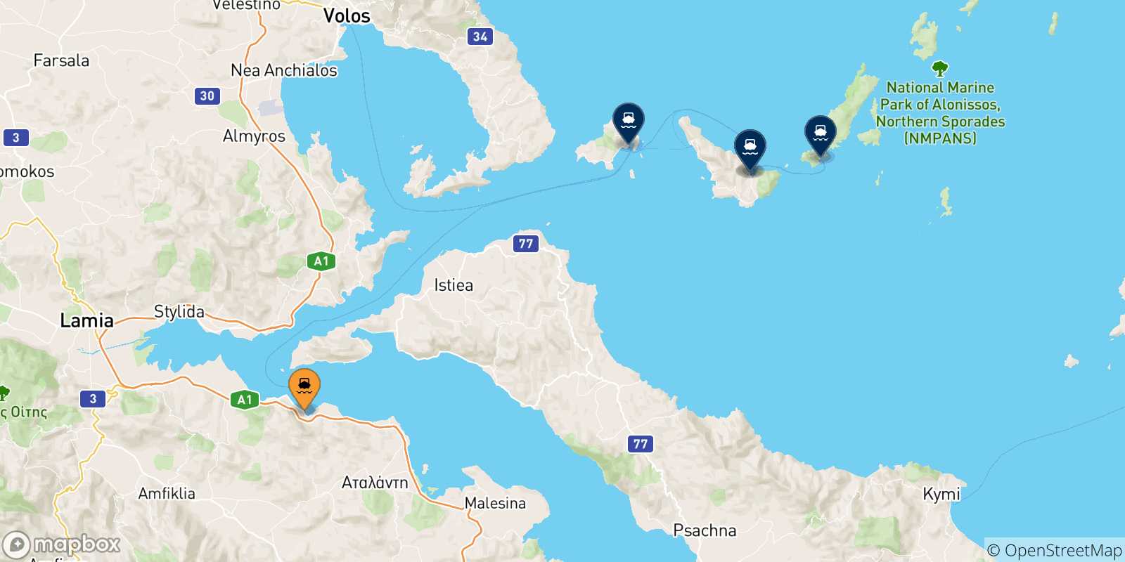 Mapa de las posibles rutas entre Agios Konstantinos y  Islas Espóradas