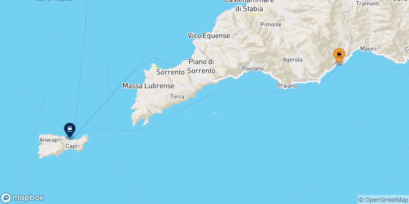 Mapa de las posibles rutas entre Amalfi y  Golfo De Nápoles