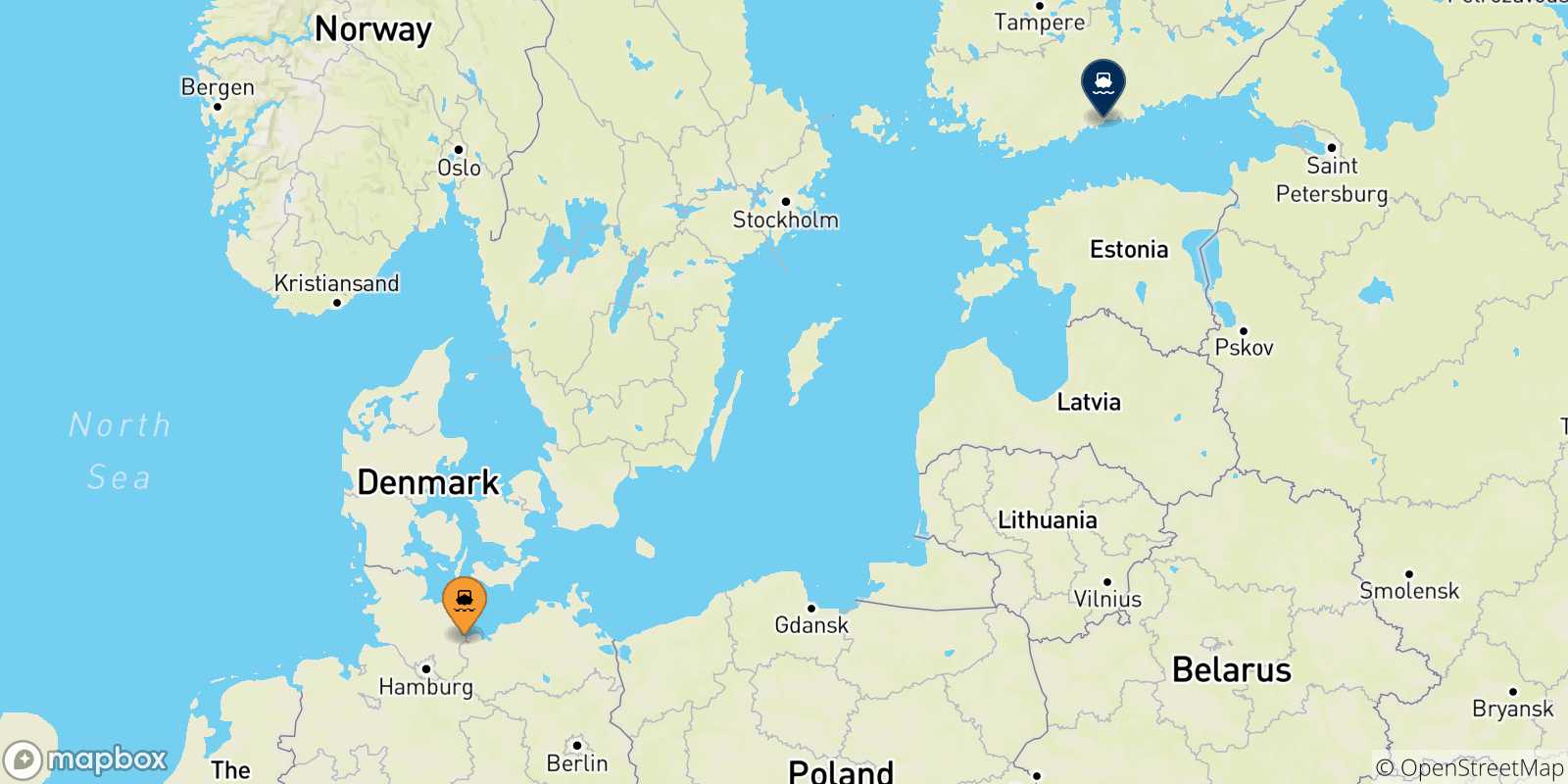 Mapa de las posibles rutas entre Alemania y  Finlandia