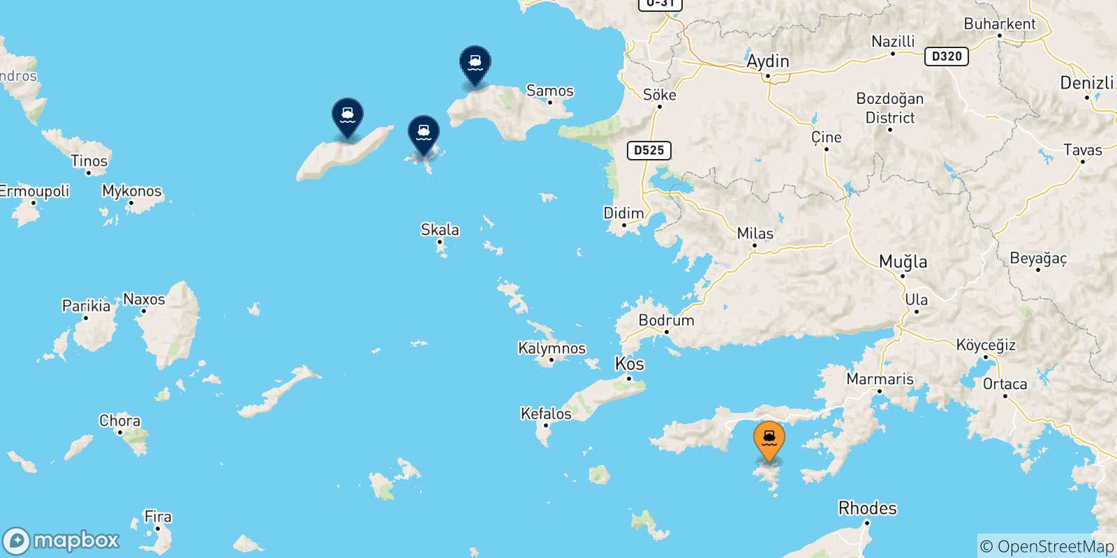 Mapa de las posibles rutas entre Symi y  Islas Del Egeo