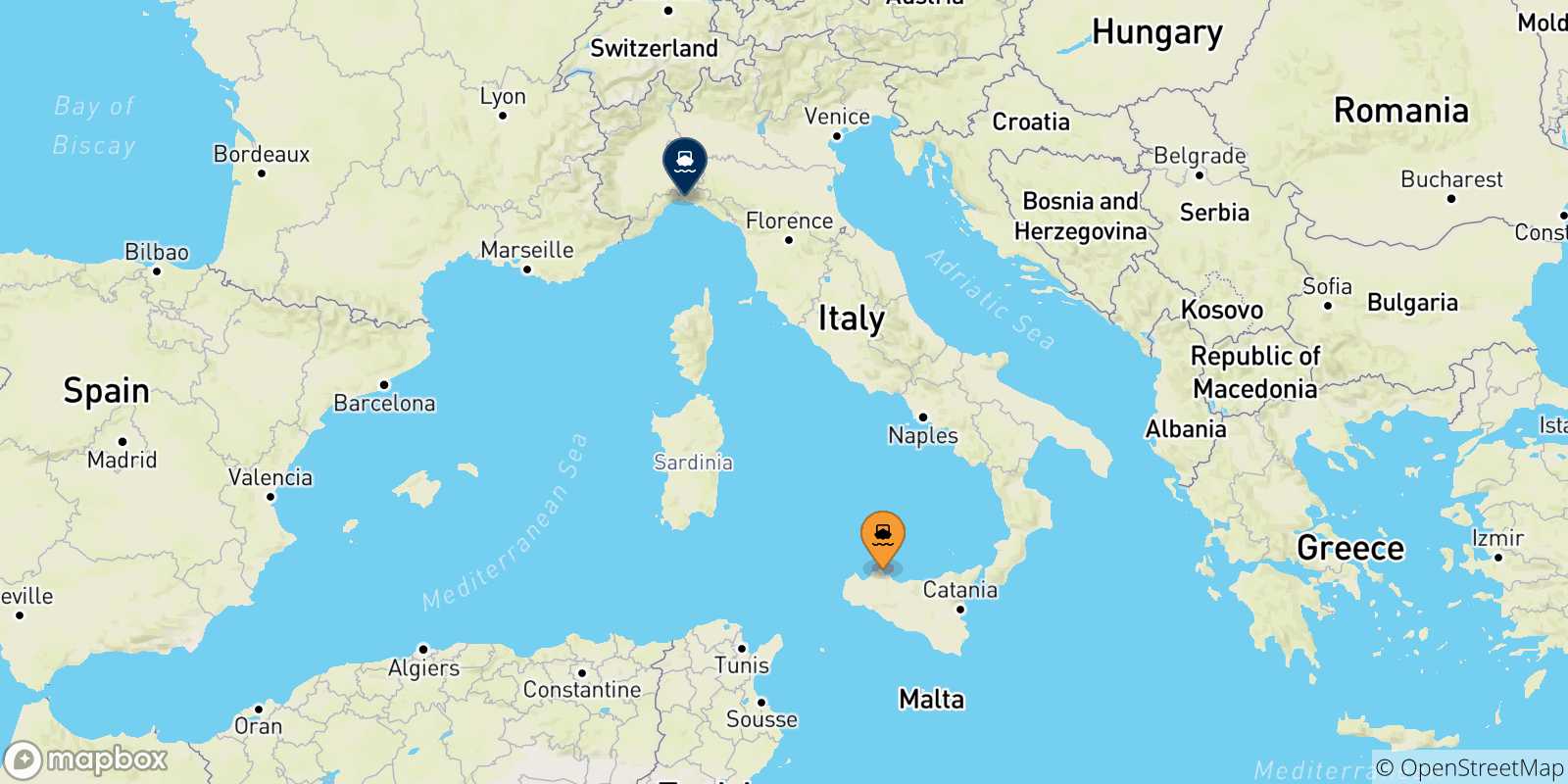 Mapa de las posibles rutas entre Sicilia y  Genova