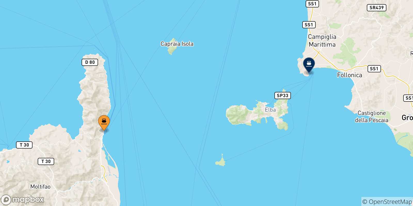 Mapa de las posibles rutas entre Córcega y  Piombino