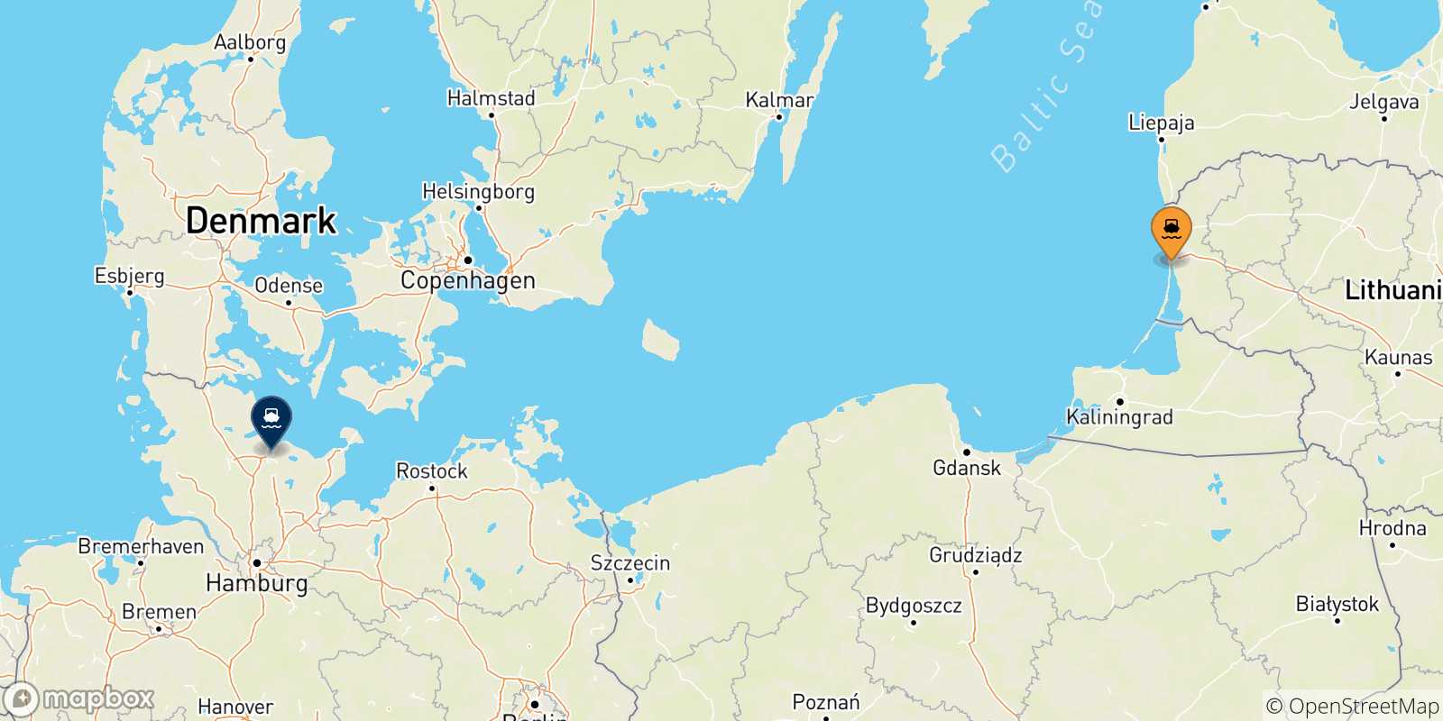 Mapa de las posibles rutas entre Lituania y  Kiel