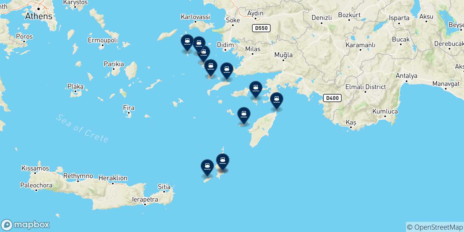 Mapa de las posibles rutas entre Karpathos y  Dodecaneso