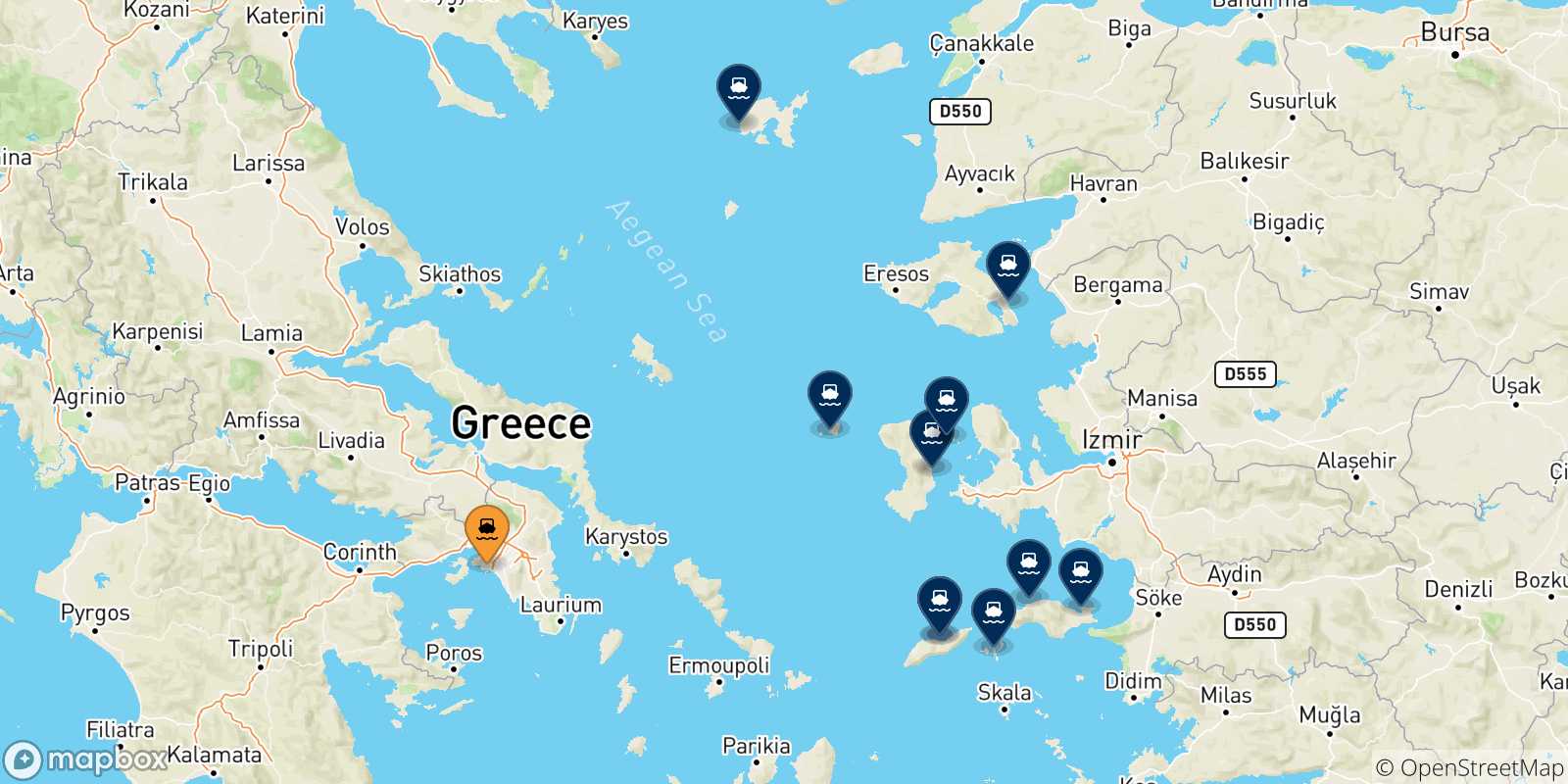 Mapa de las posibles rutas entre El Pireo y  Islas Del Egeo