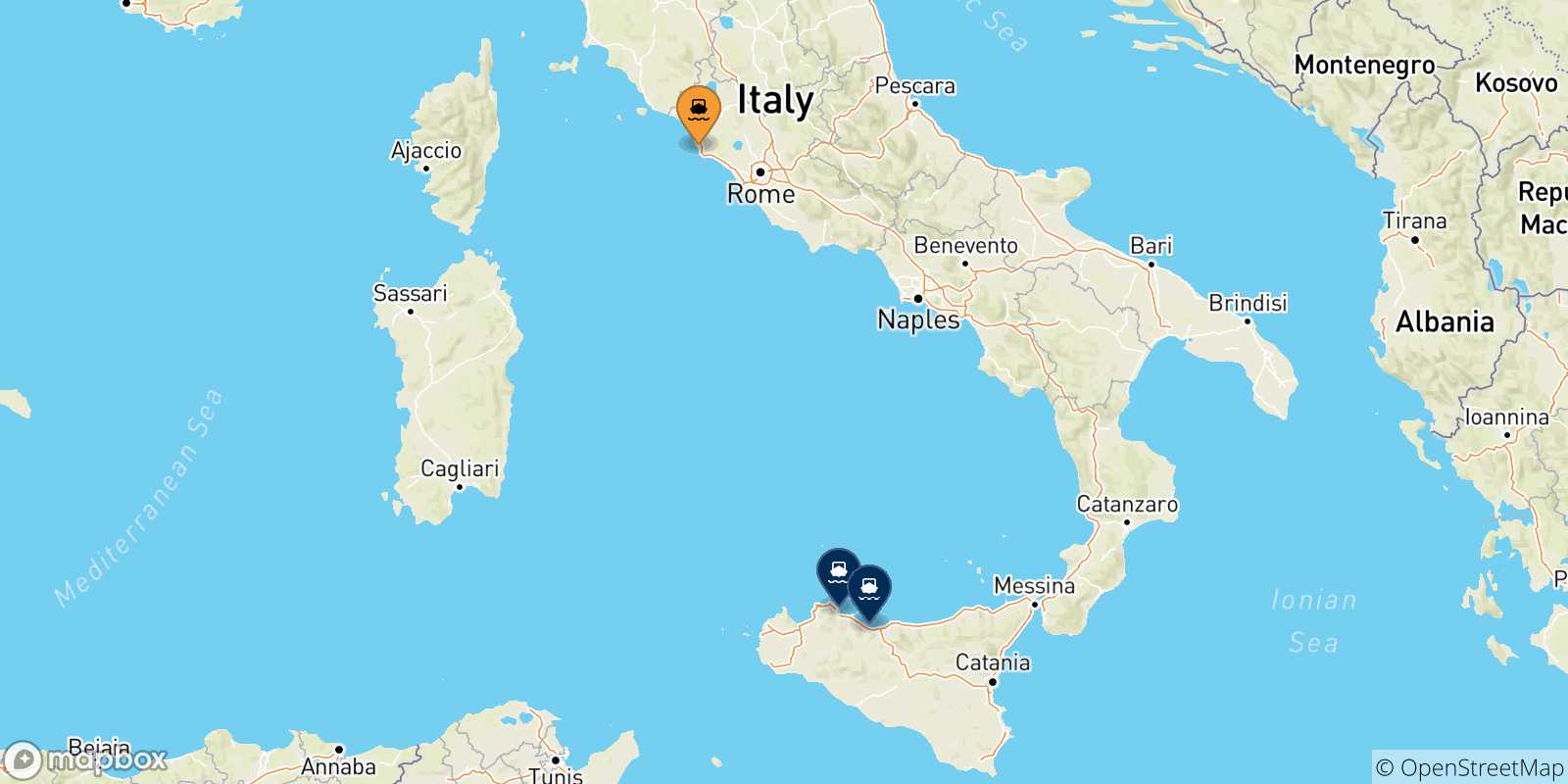 Mapa de las posibles rutas entre Civitavecchia y  Sicilia