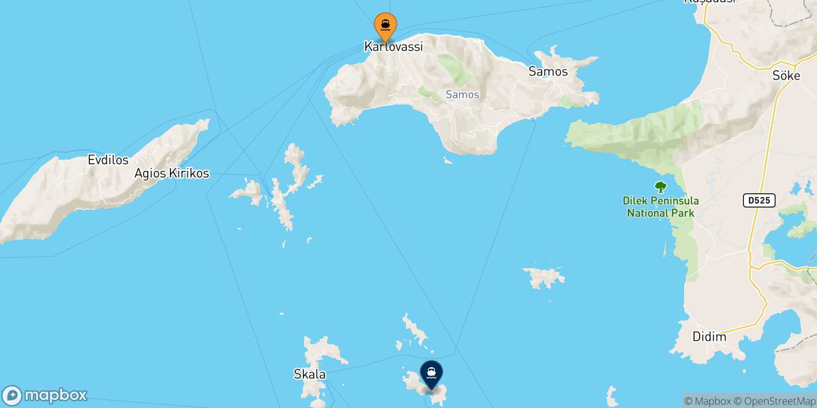 Mapa de la ruta Pythagorio (Samos) Lipsi