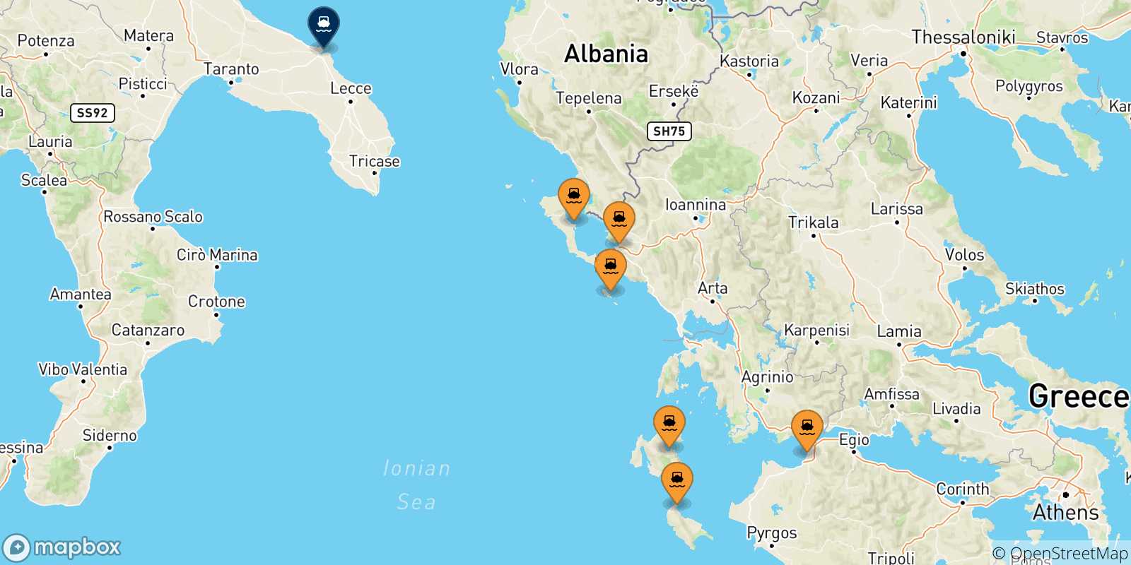Mapa de las posibles rutas entre Grecia y  Brindisi