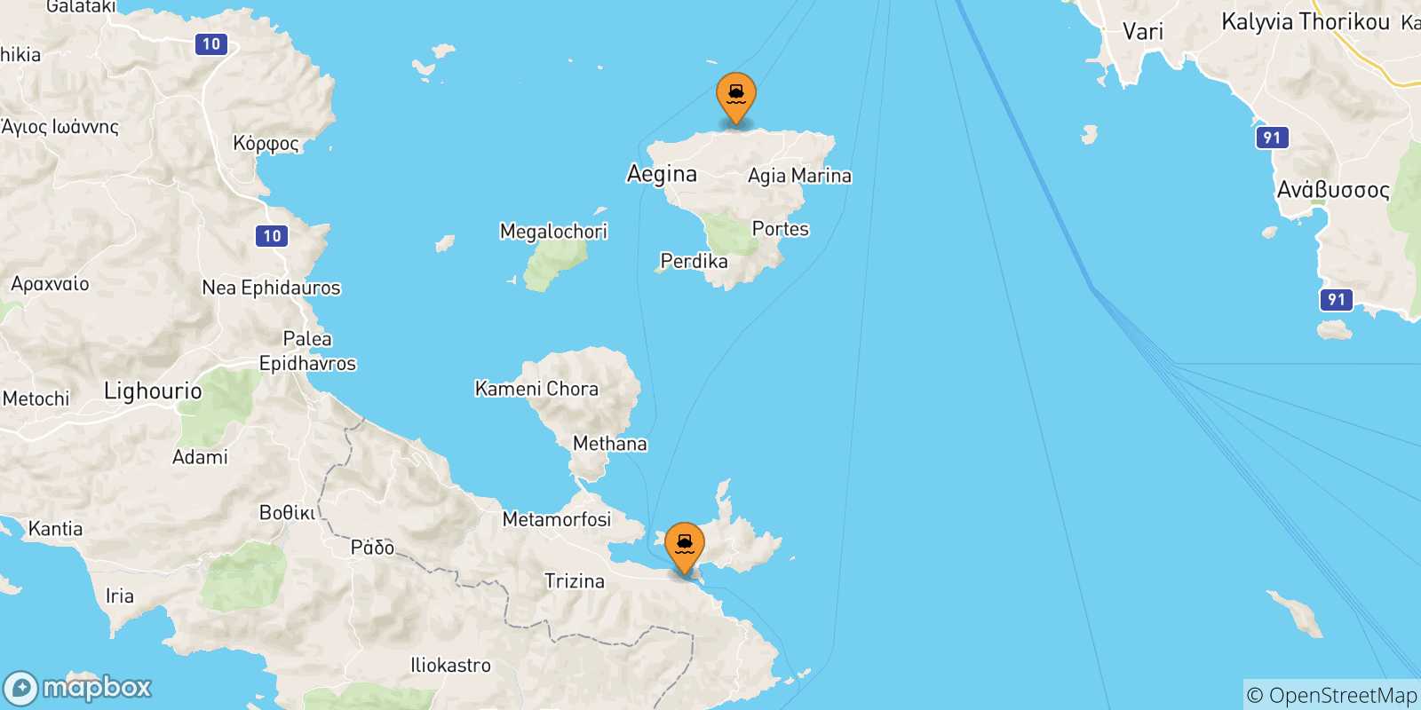 Mapa de las posibles rutas entre Islas Sarónicas y  Agia Marina (Aegina)