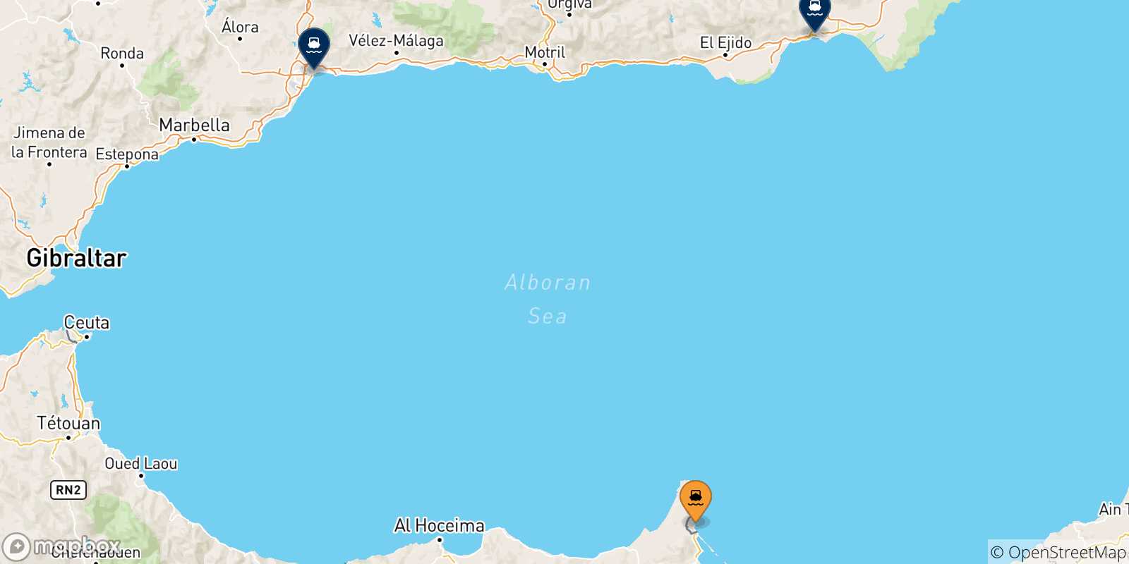 Mapa de las posibles rutas entre Melilla y  España