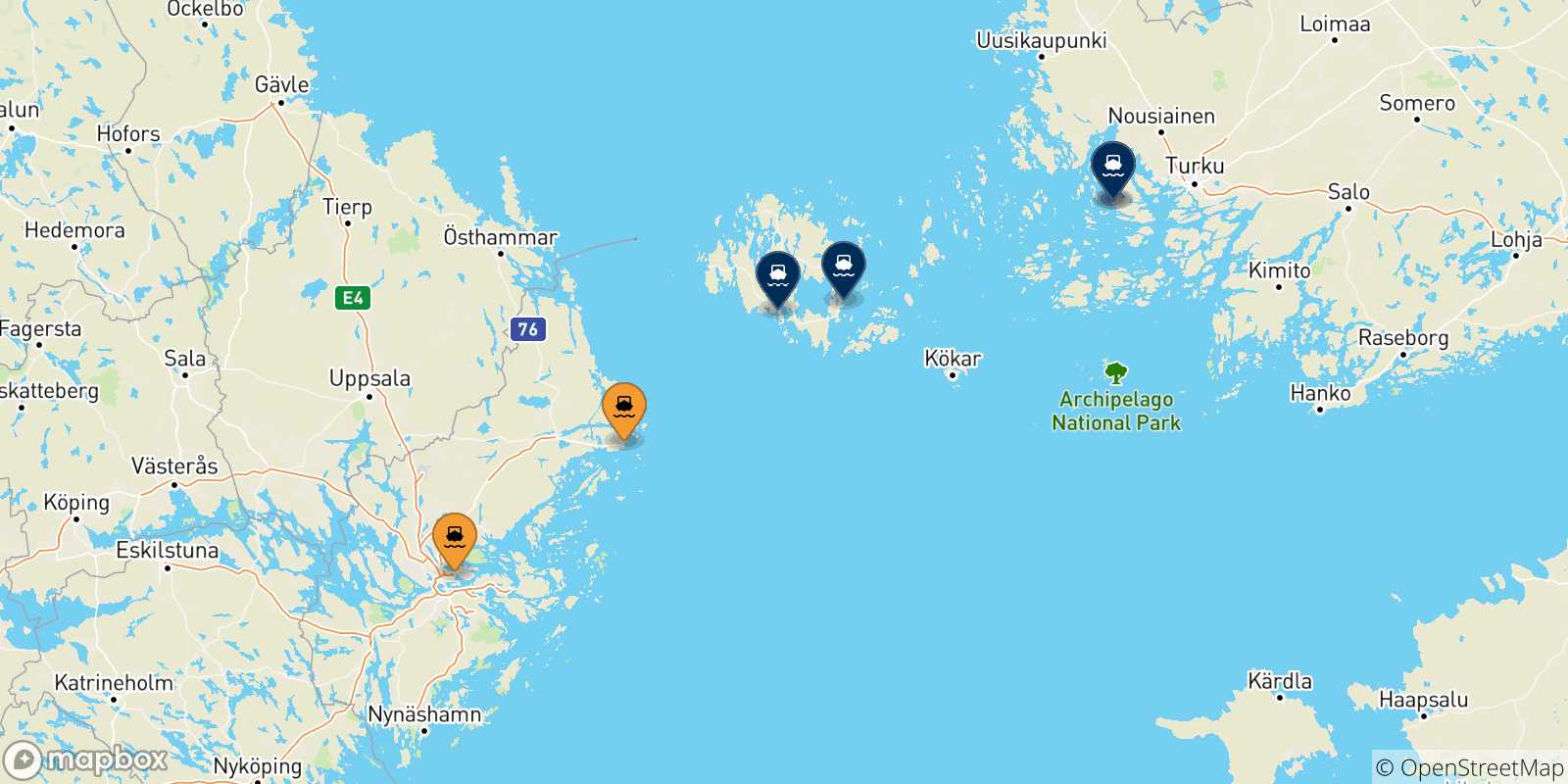 Mapa de las posibles rutas entre Suecia y  Finlandia