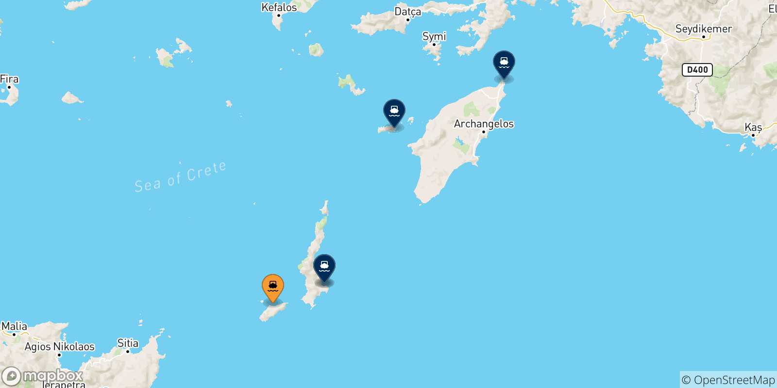 Mapa de las posibles rutas entre Kasos y  Dodecaneso