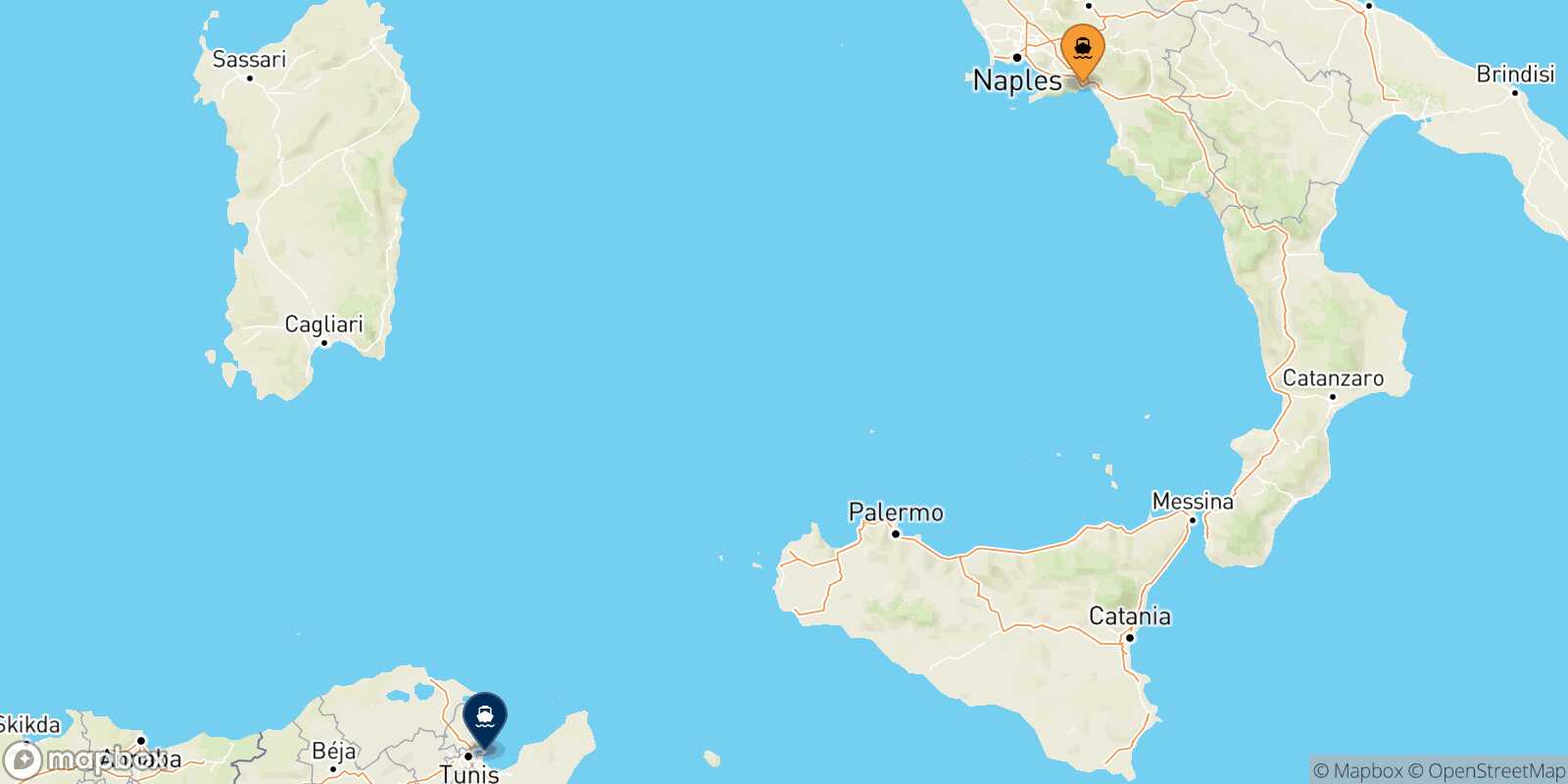Mapa de la ruta Salerno Túnez